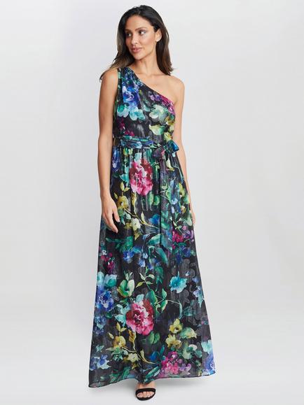 Gina Bacconi Rosie Asymmetric Floral Dress, Black/Multi, Black/Multi