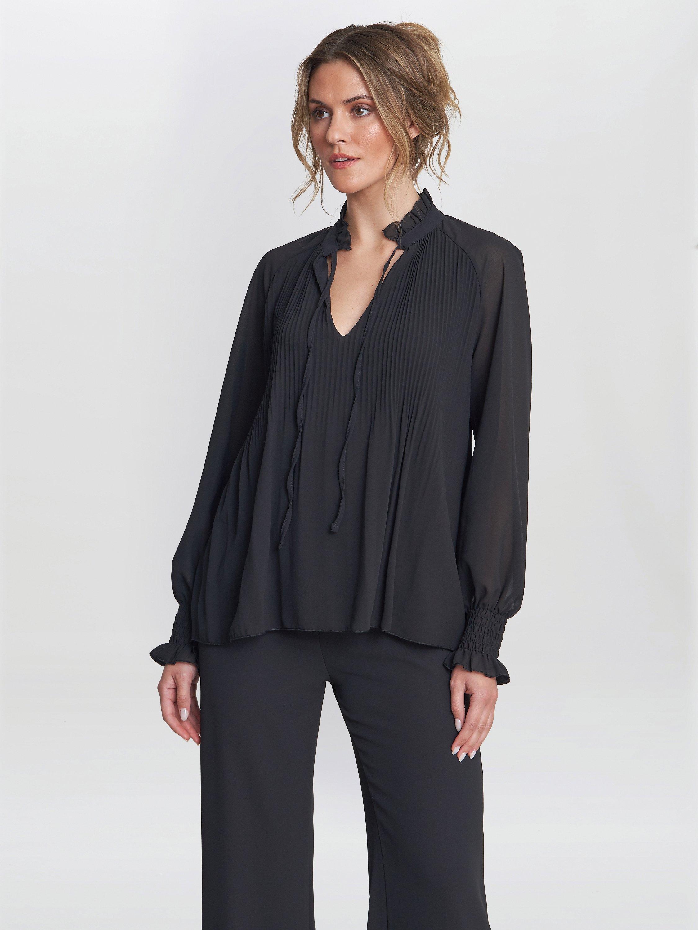 Product image 1 of 4, which shows Gina Bacconi Delphine Pleat Frill Neck Blouse, Black, S