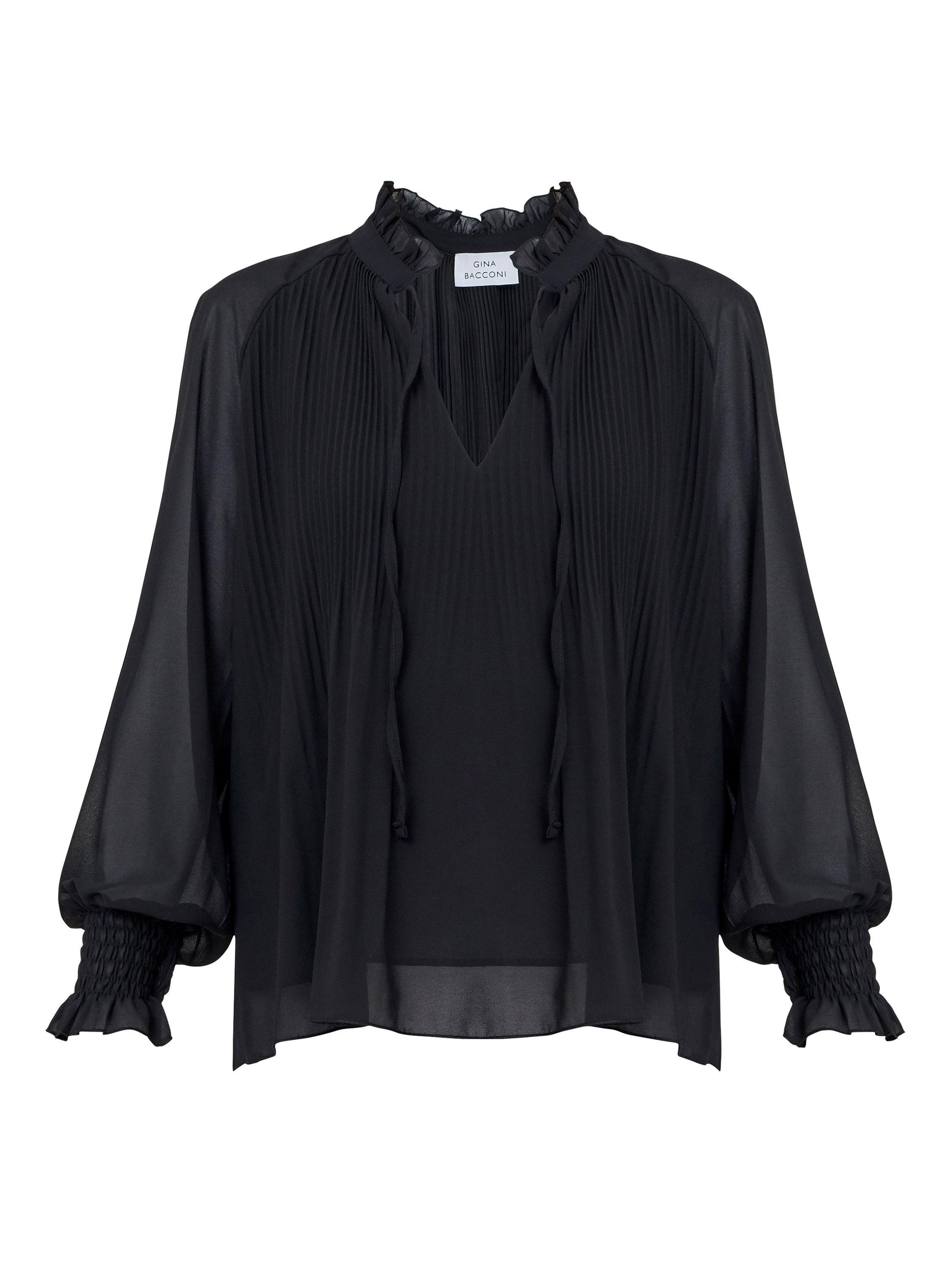 Product image 3 of 4, which shows Gina Bacconi Delphine Pleat Frill Neck Blouse, Black, S