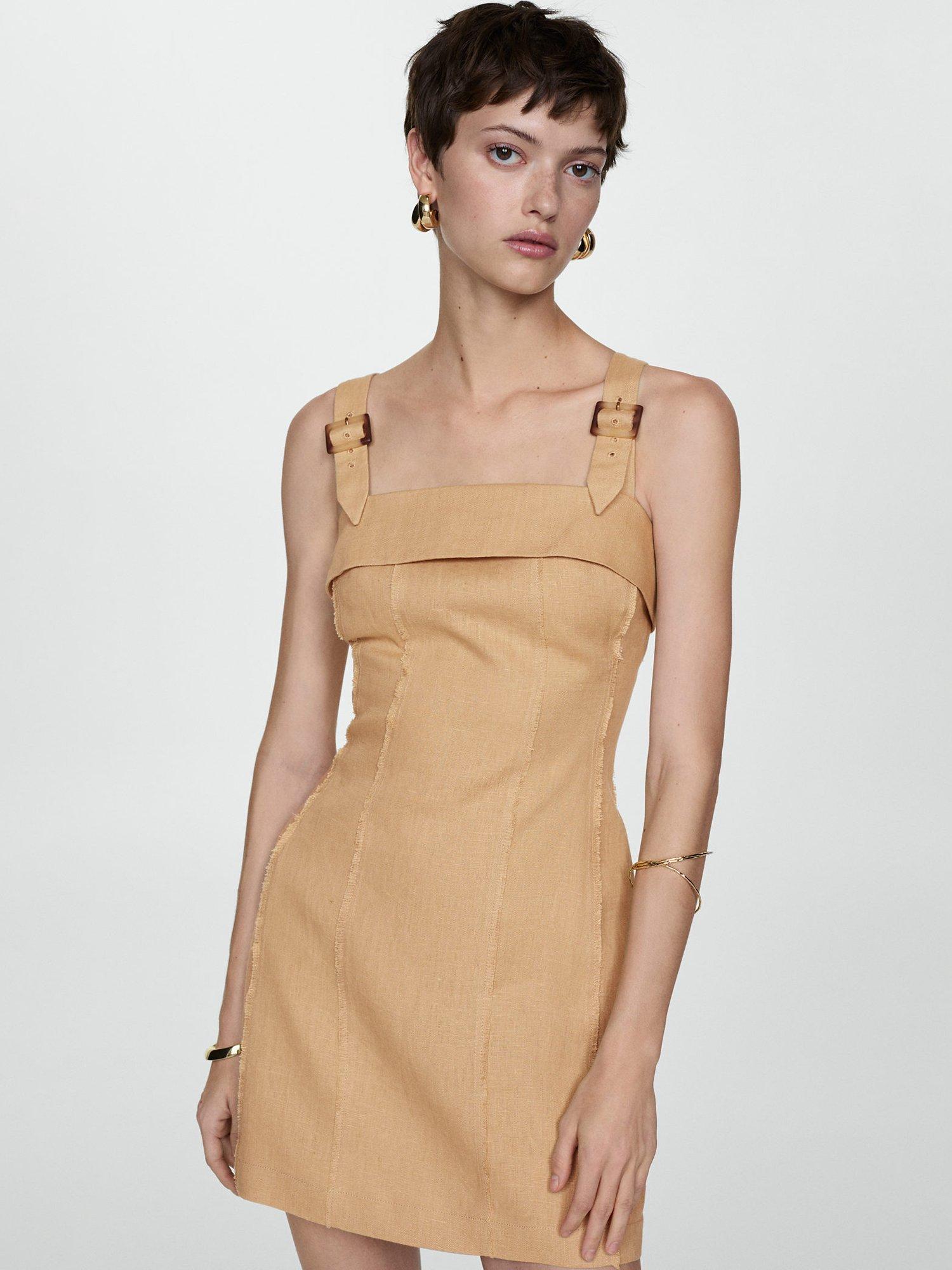 Mango Lennox Linen Blend Buckle Strap Mini Dress, Beige