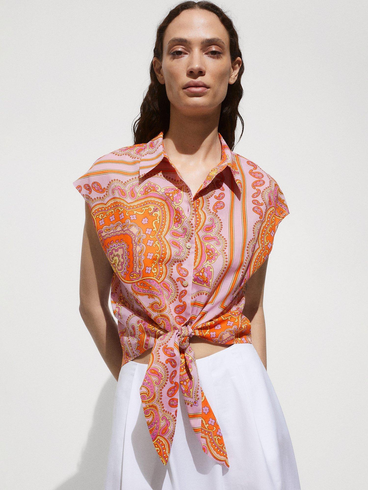 Mango Farrah Paisley Print Cropped Blouse, Pink/Multi