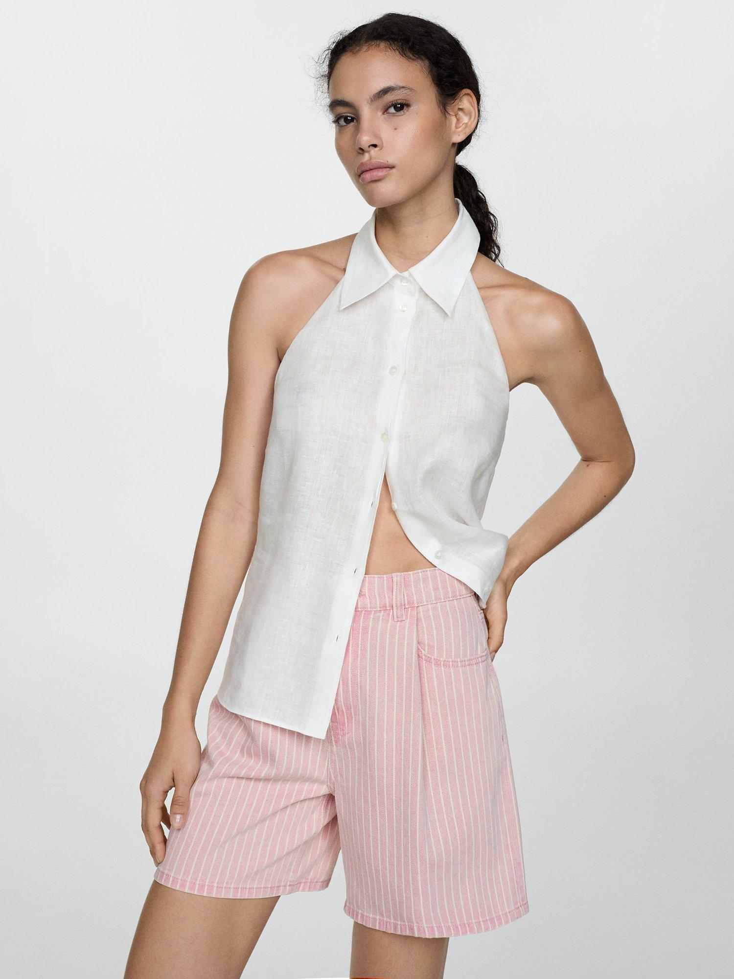 Mango Marina Stripe Denim Shorts, Pink