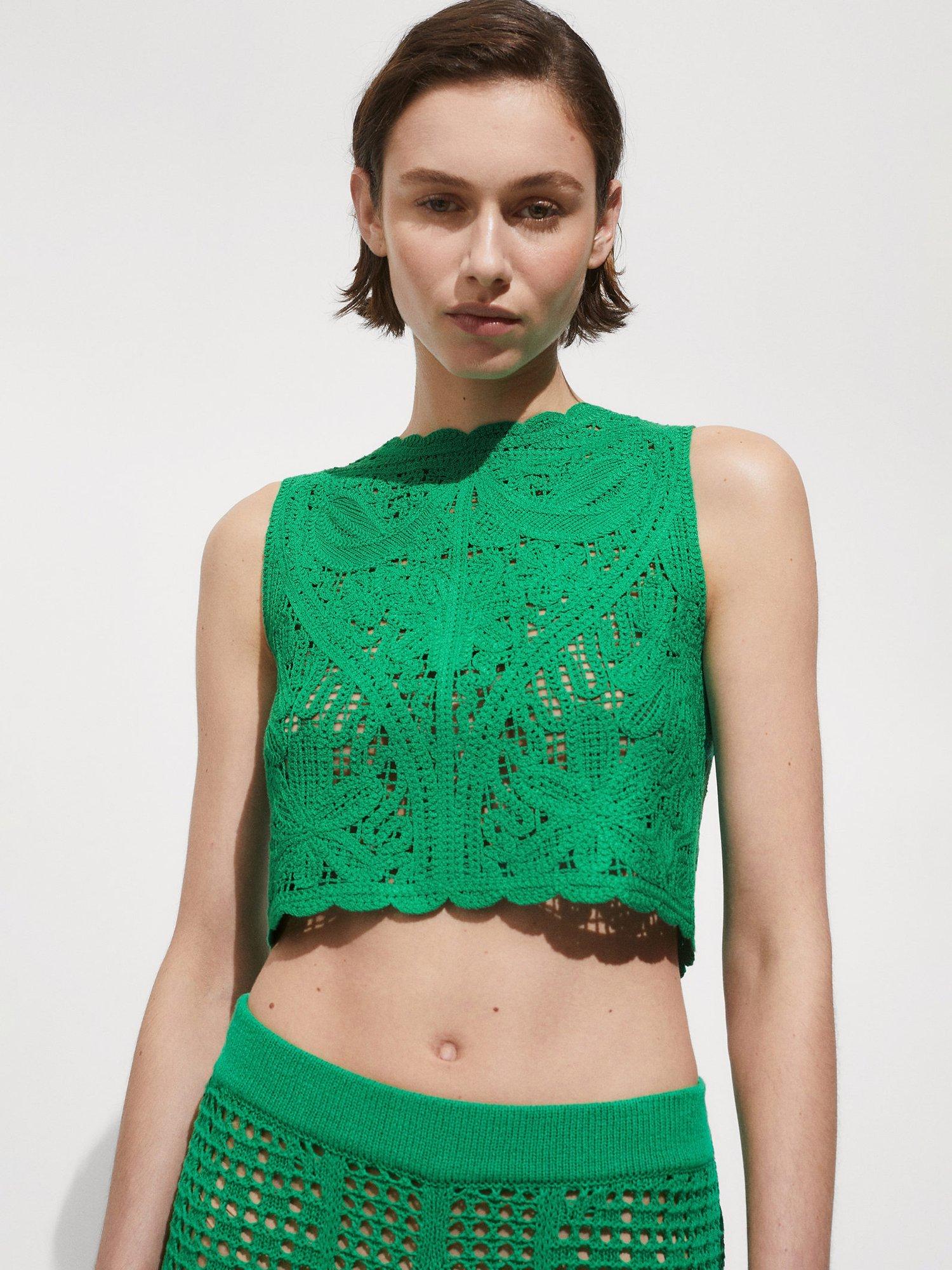 Product image 1 of 7, which shows Mango Esteba Crochet Knit Top, Green, S