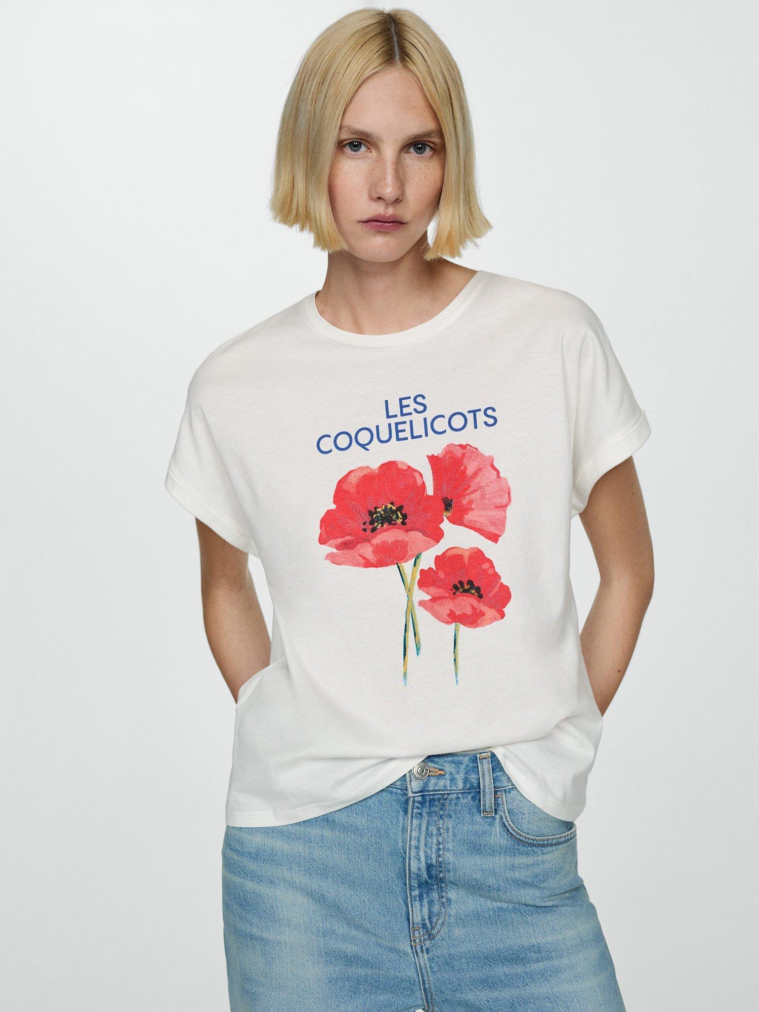 Mango Illustra Poppies T-Shirt, Natural White