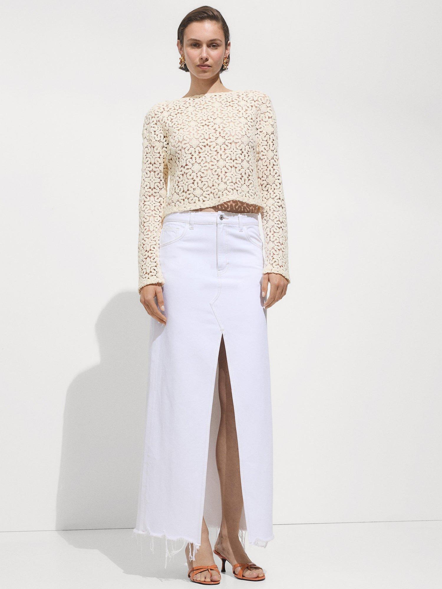 Mango Morelli Crochet Knit Top, Light Beige