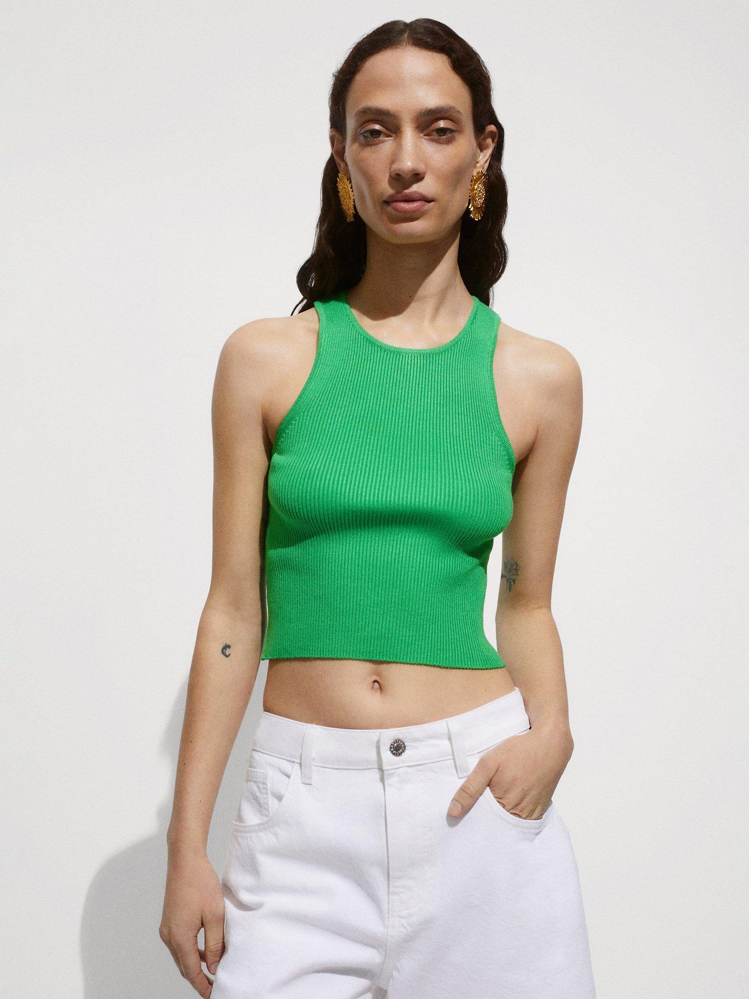 Mango Orwell Rib Knit Top, Black, Green