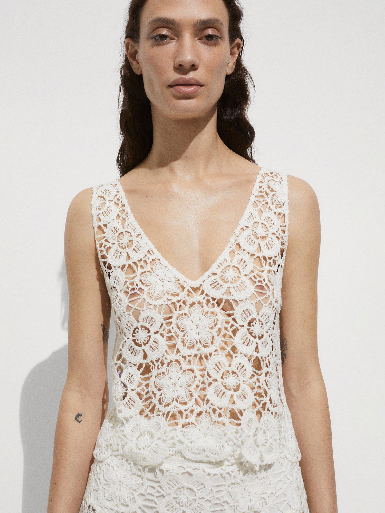 Mango Romina Crochet Top, Natural White