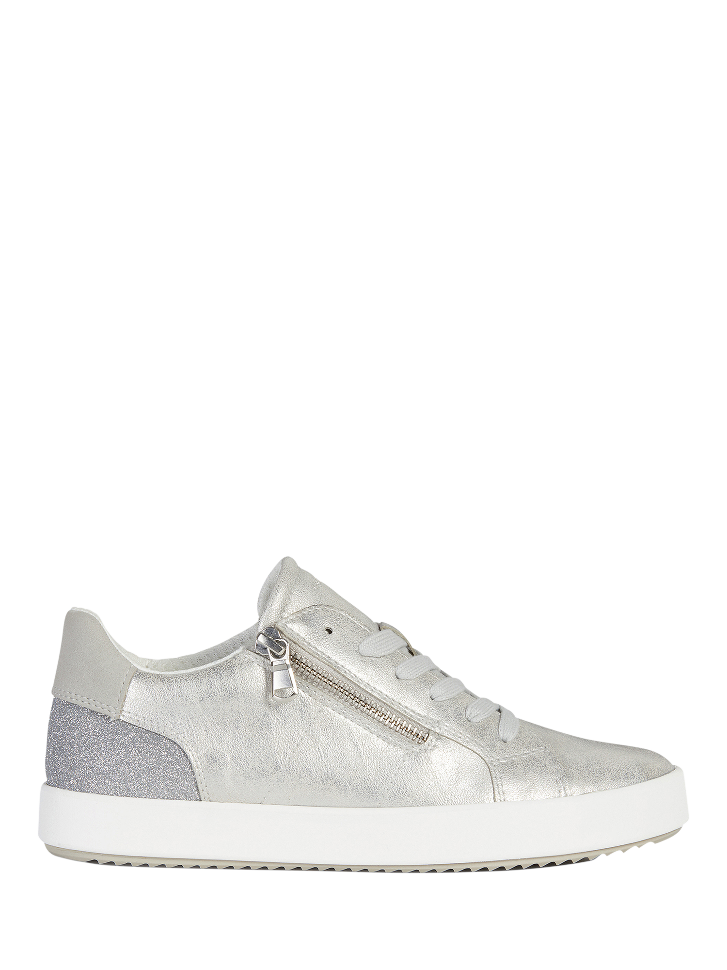 Product image 1 of 6, which shows Geox Blomiee Metallic Zip Detail Trainers, Silver, EU38