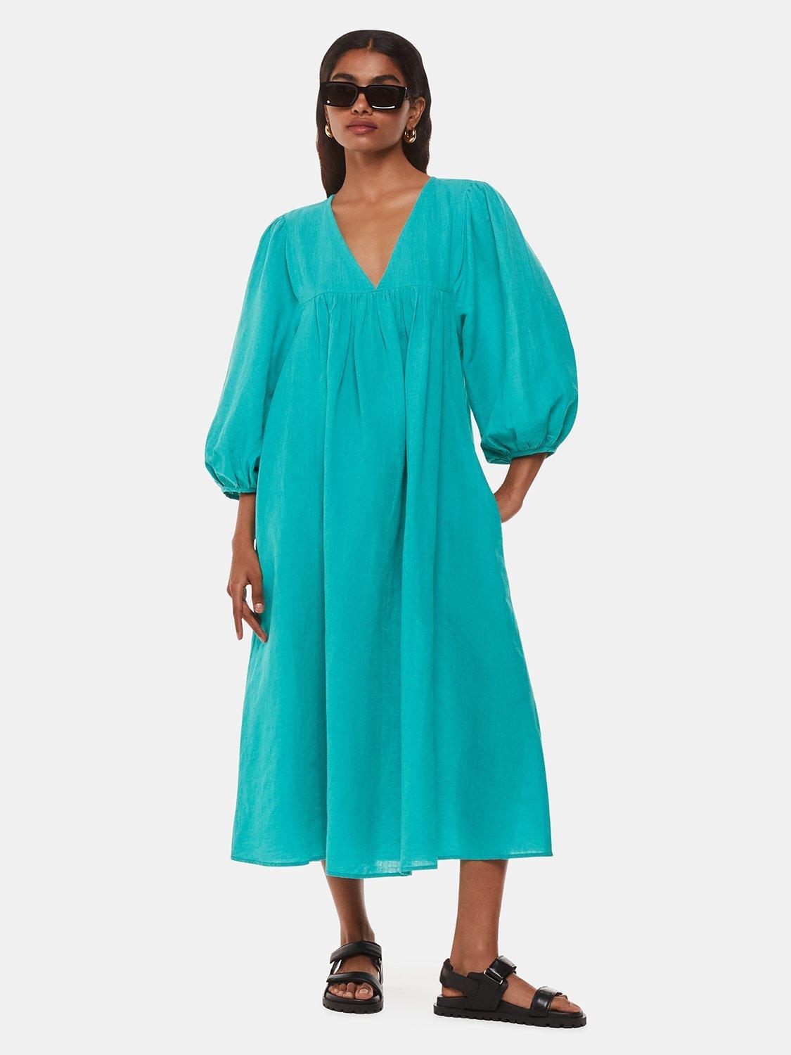 Product image 1 of 5, which shows Whistles Gloria Linen Blend Midi Dress, Turquoise, 10