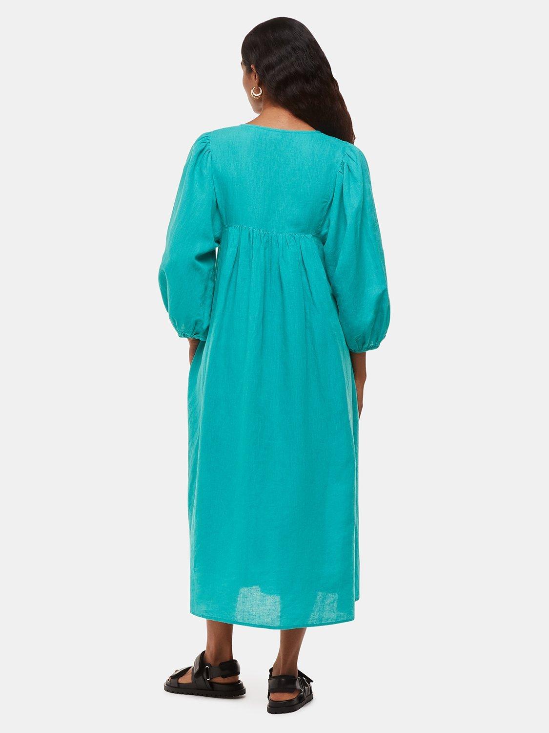 Product image 2 of 5, which shows Whistles Gloria Linen Blend Midi Dress, Turquoise, 10