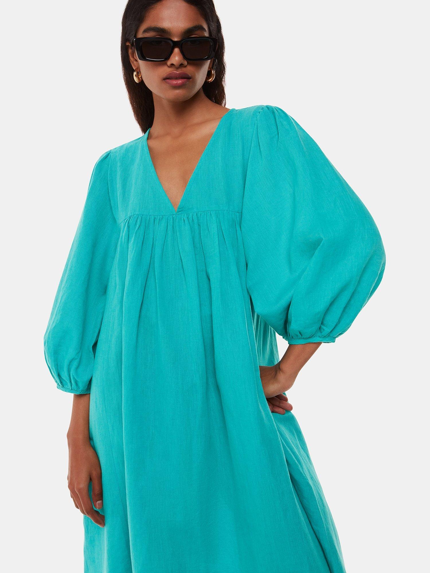 Product image 3 of 5, which shows Whistles Gloria Linen Blend Midi Dress, Turquoise, 10