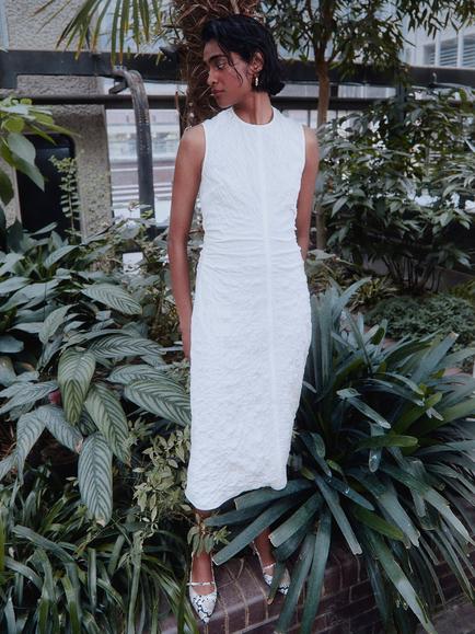 Whistles Lori Ruched Midi Dress, Ivory, Ivory