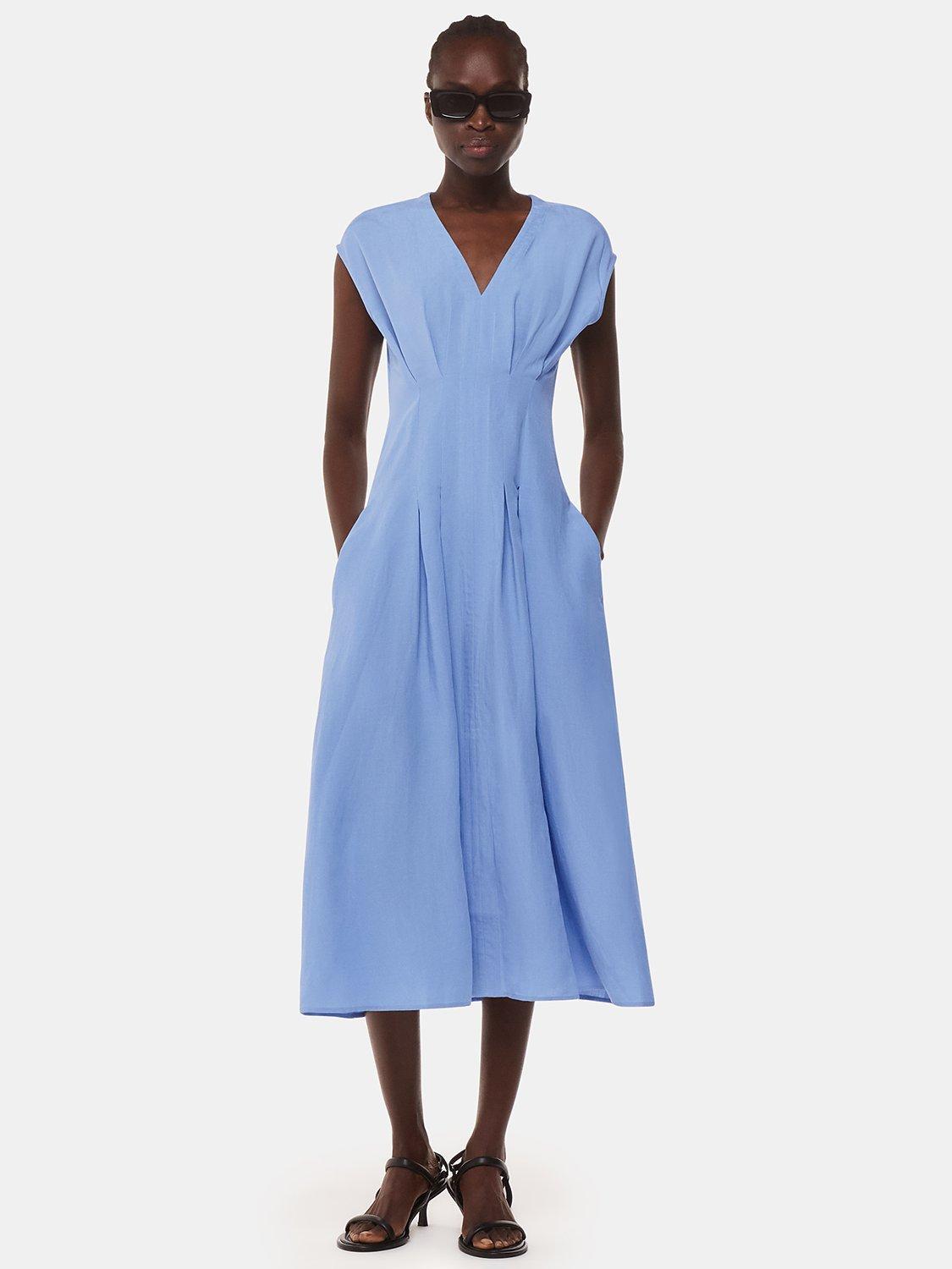 Product image 1 of 5, which shows Whistles Panel Detail Linen Blend Midi Dress, Blue, 6