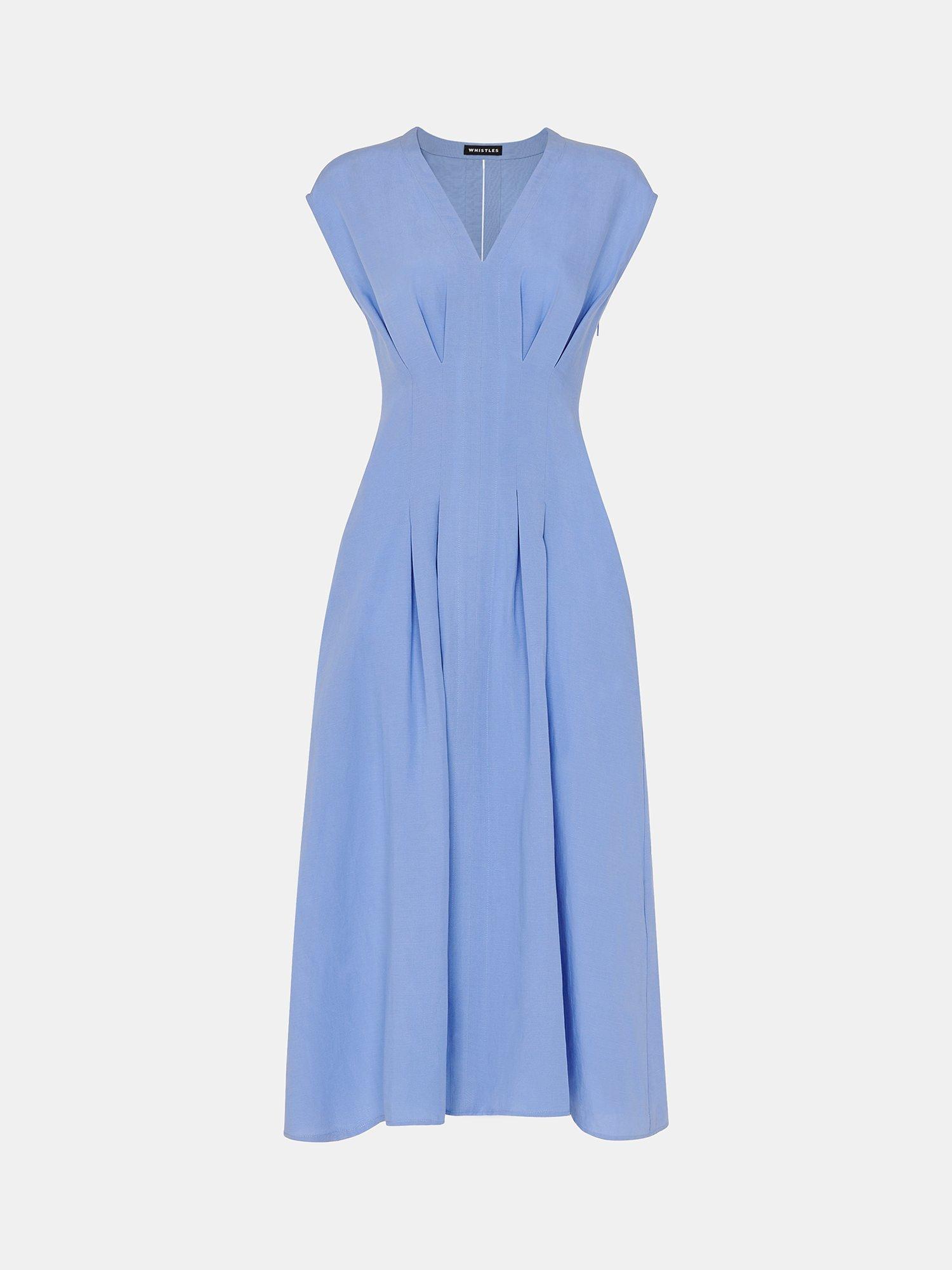 Product image 5 of 5, which shows Whistles Panel Detail Linen Blend Midi Dress, Blue, 6