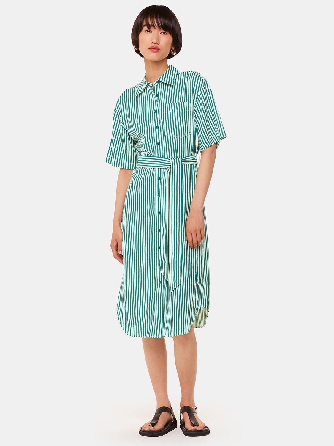 Product image 1 of 5, which shows Whistles Seaside Stripe Shirt Dress, Green/Multi, 6