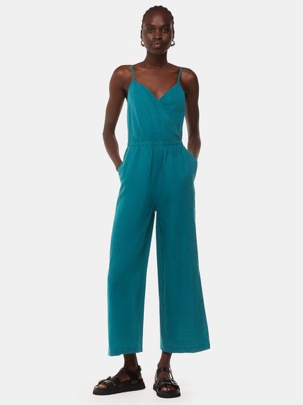 Whistles Wrap Front Linen-Cotton Jumpsuit, Teal, Teal