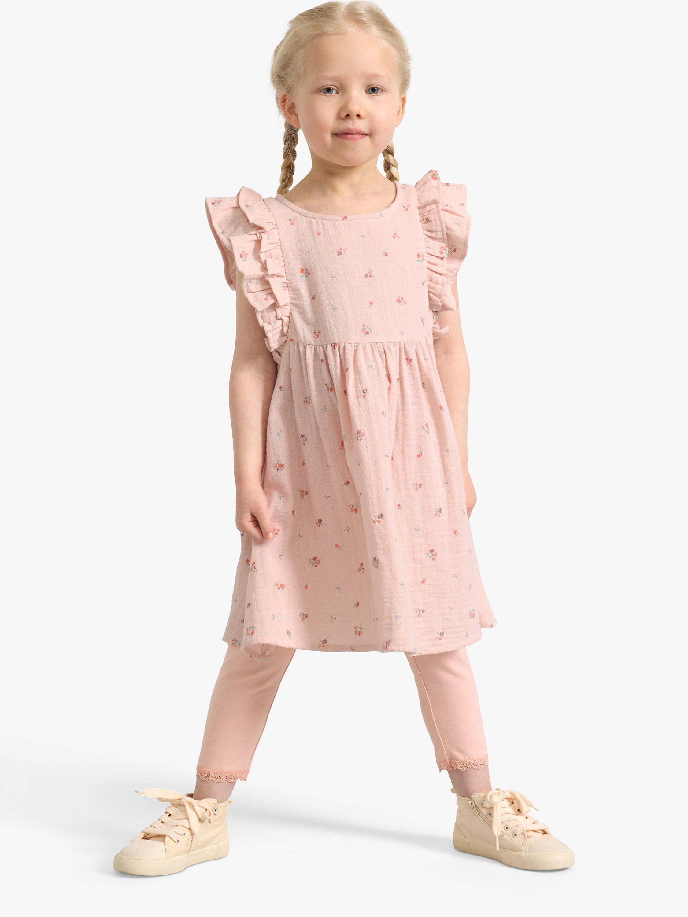 Product image 1 of 7, which shows Lindex Kids' Organic Cotton Floral Print Gauze Frill Sleeve Dress, Light Dusty Pink, 18-24 months