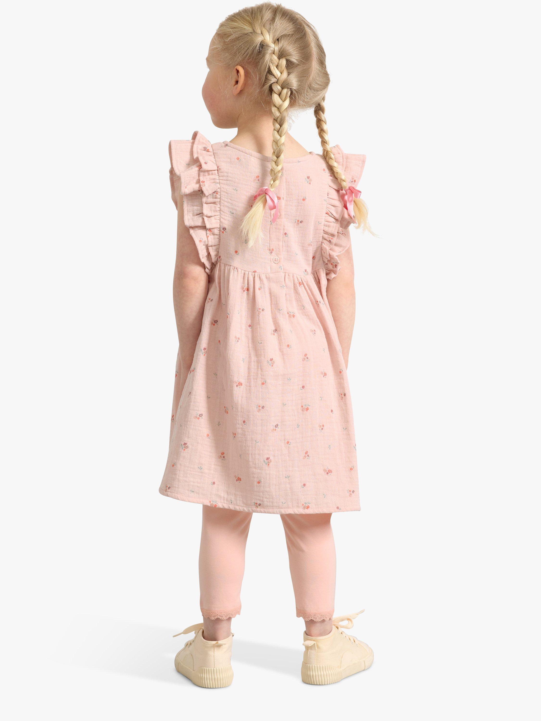 Product image 2 of 7, which shows Lindex Kids' Organic Cotton Floral Print Gauze Frill Sleeve Dress, Light Dusty Pink, 18-24 months