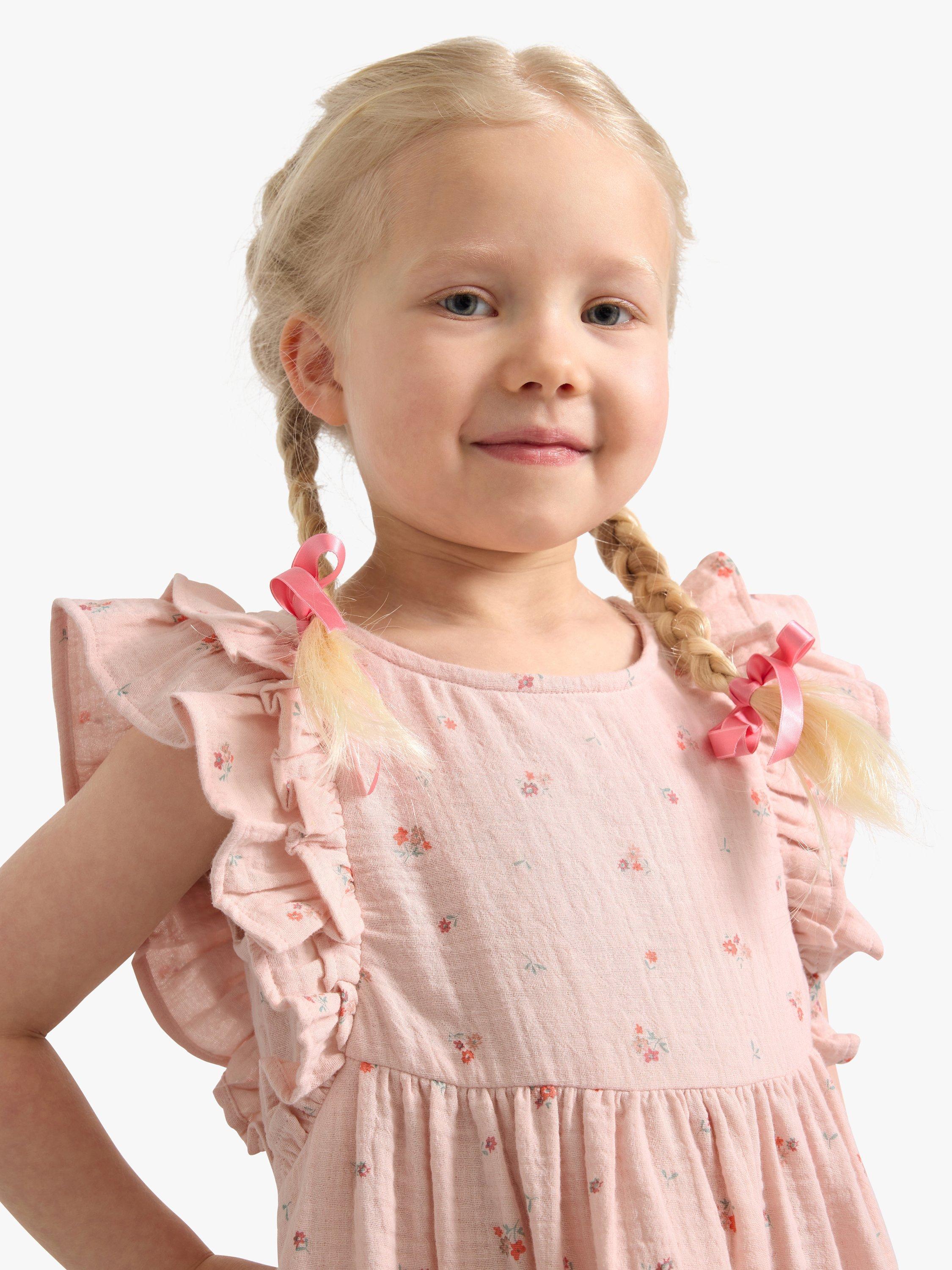 Product image 3 of 7, which shows Lindex Kids' Organic Cotton Floral Print Gauze Frill Sleeve Dress, Light Dusty Pink, 18-24 months