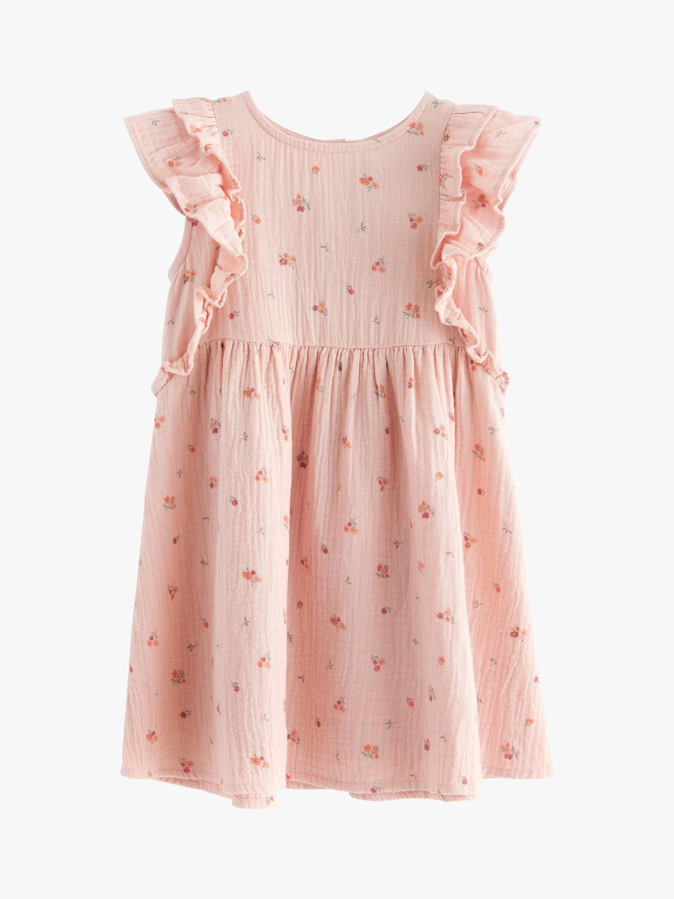 Product image 5 of 7, which shows Lindex Kids' Organic Cotton Floral Print Gauze Frill Sleeve Dress, Light Dusty Pink, 18-24 months