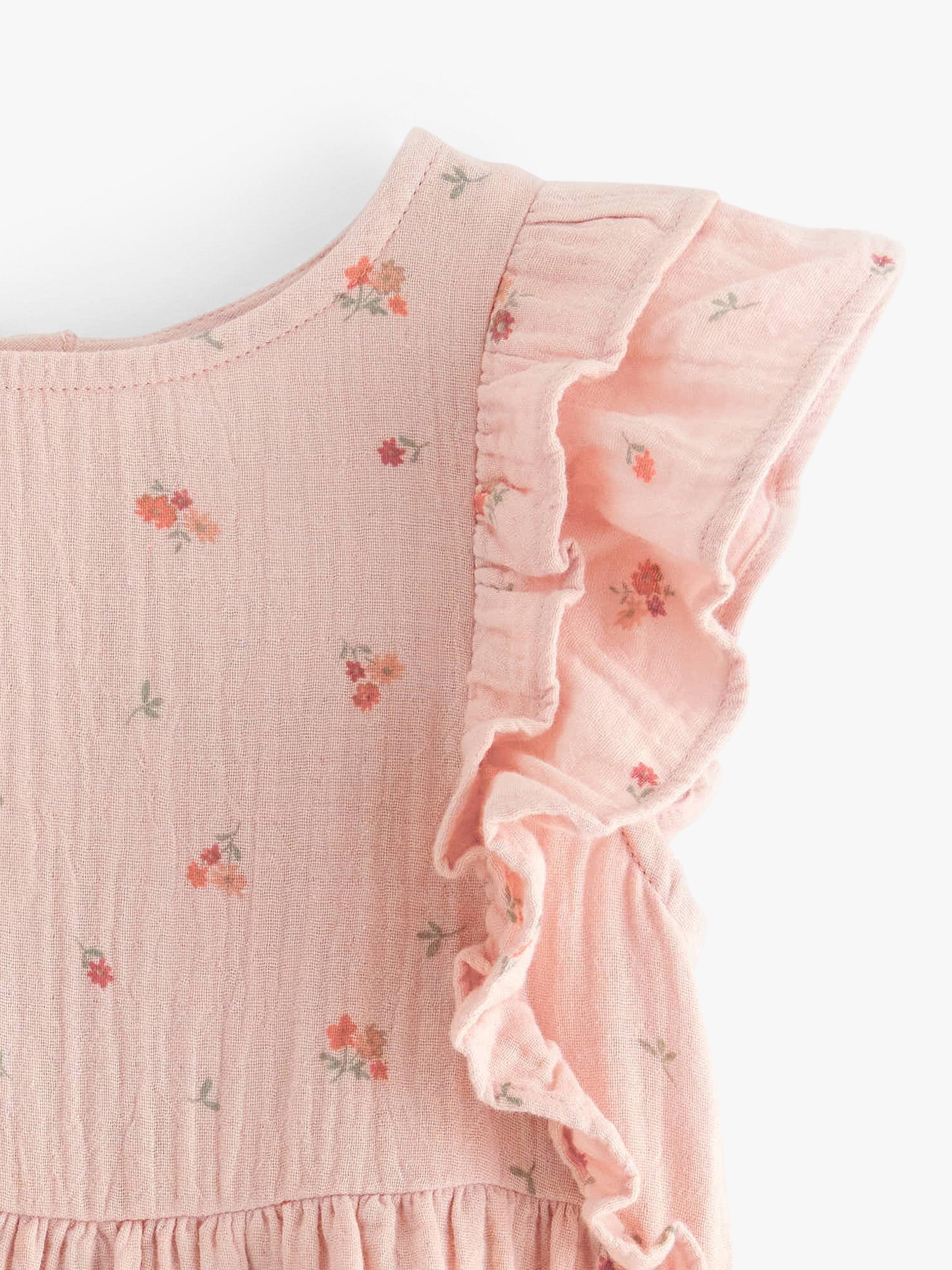 Product image 7 of 7, which shows Lindex Kids' Organic Cotton Floral Print Gauze Frill Sleeve Dress, Light Dusty Pink, 18-24 months