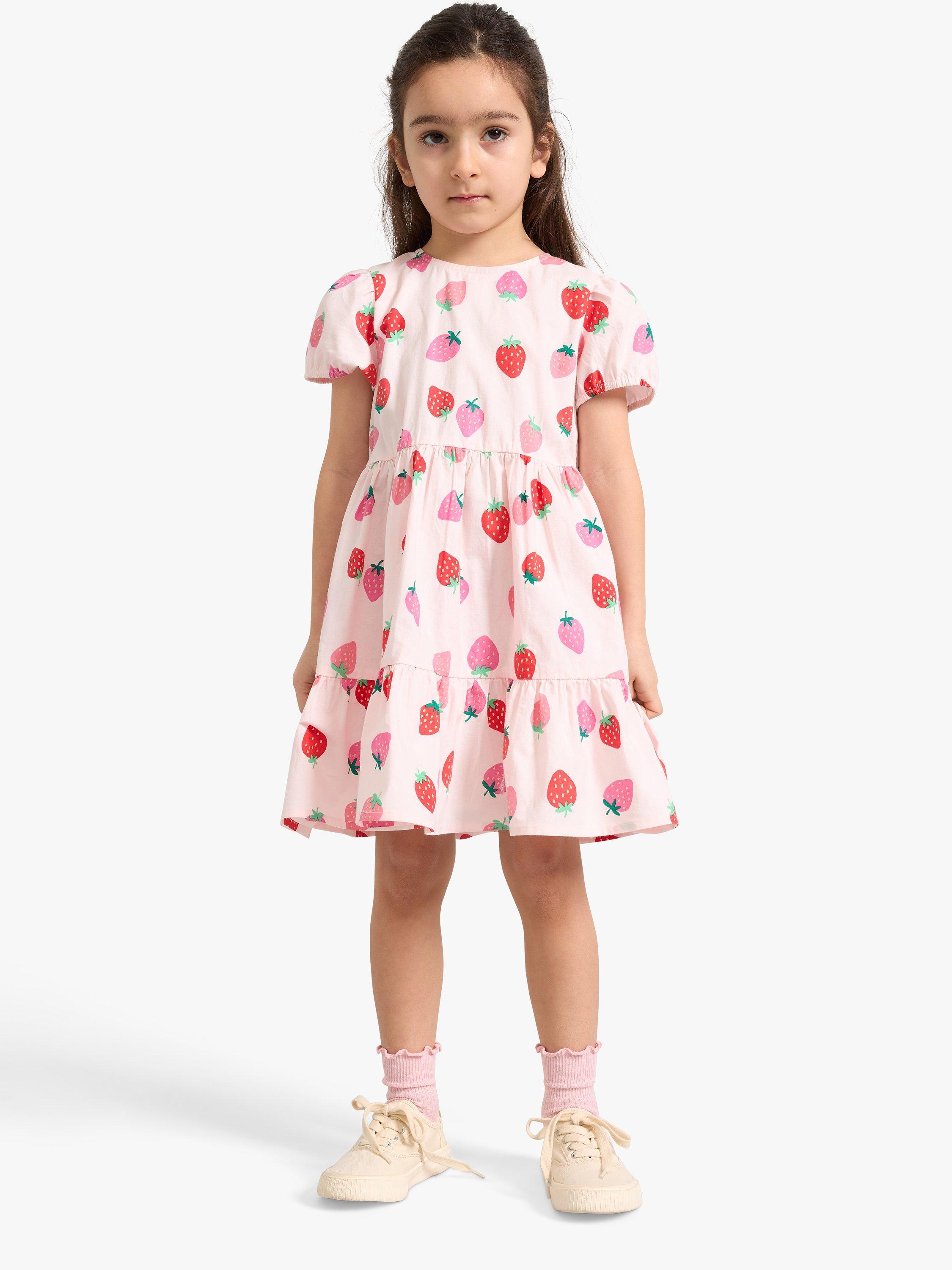 Product image 1 of 6, which shows Lindex Kids' Organic Cotton Strawberry Print Poplin Tiered Dress, Light Pink, 18-24 months