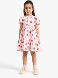 Lindex Kids' Organic Cotton Strawberry Print Poplin Tiered Dress, Light Pink