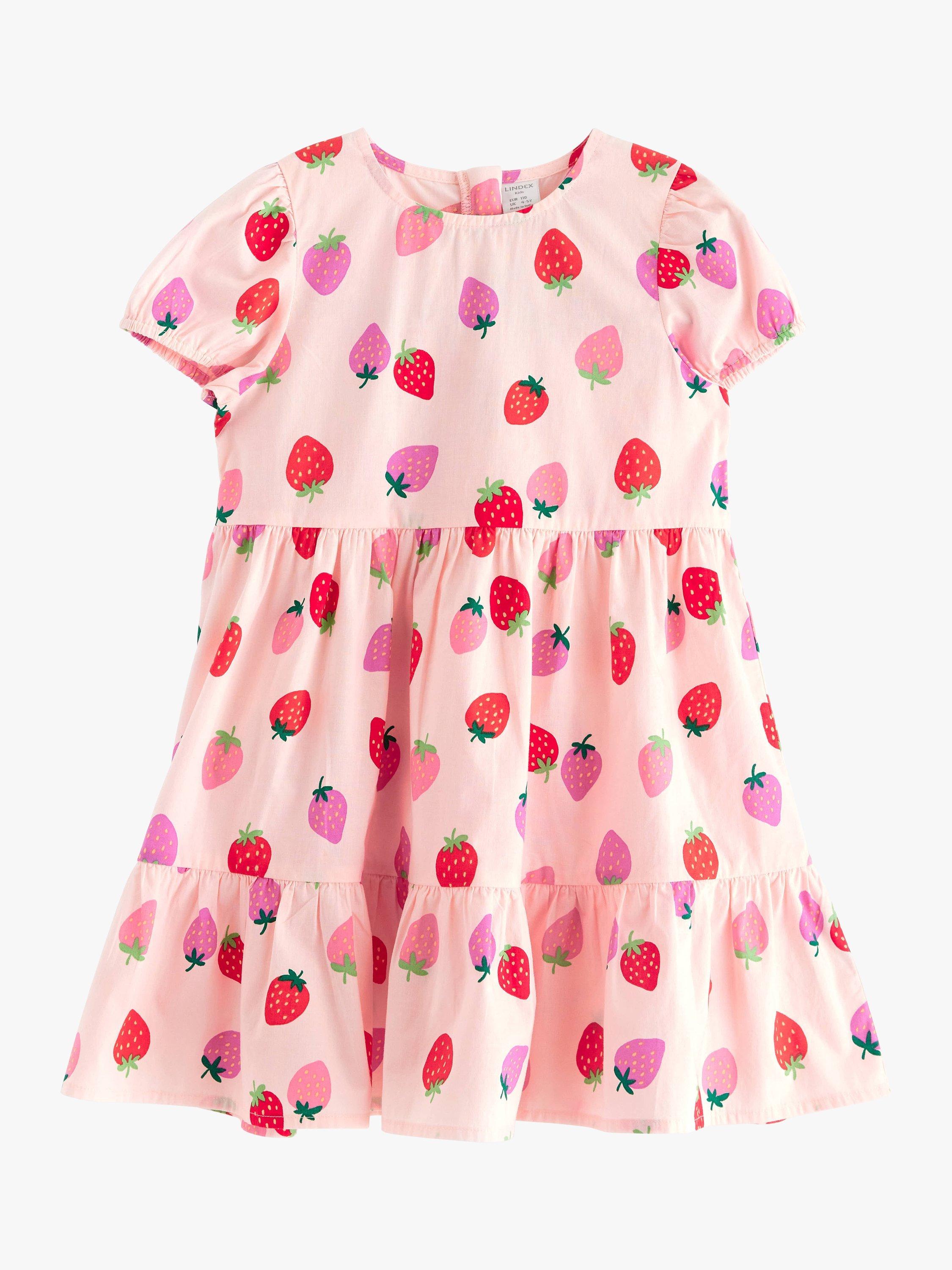 Product image 4 of 6, which shows Lindex Kids' Organic Cotton Strawberry Print Poplin Tiered Dress, Light Pink, 18-24 months