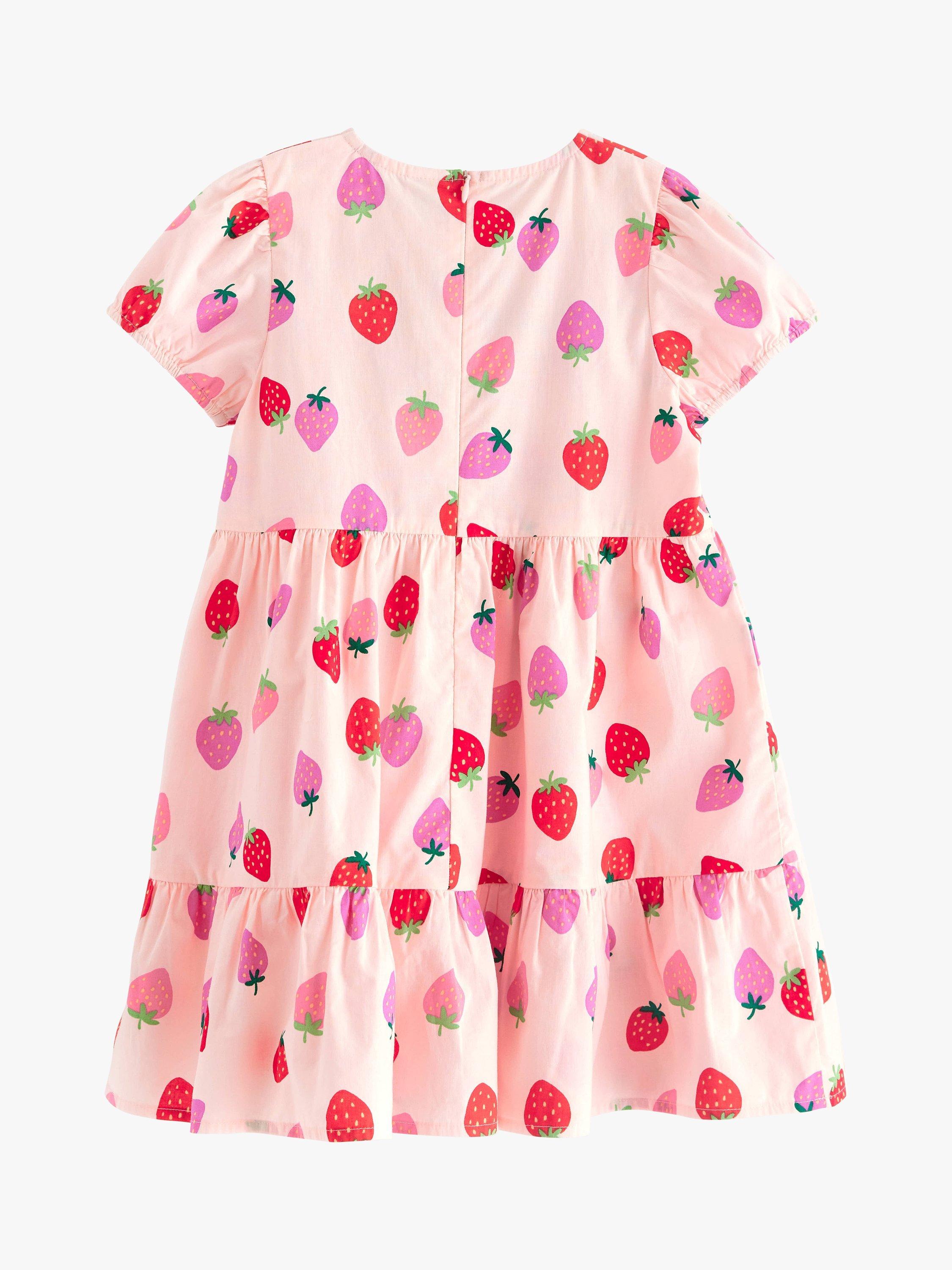Product image 5 of 6, which shows Lindex Kids' Organic Cotton Strawberry Print Poplin Tiered Dress, Light Pink, 18-24 months