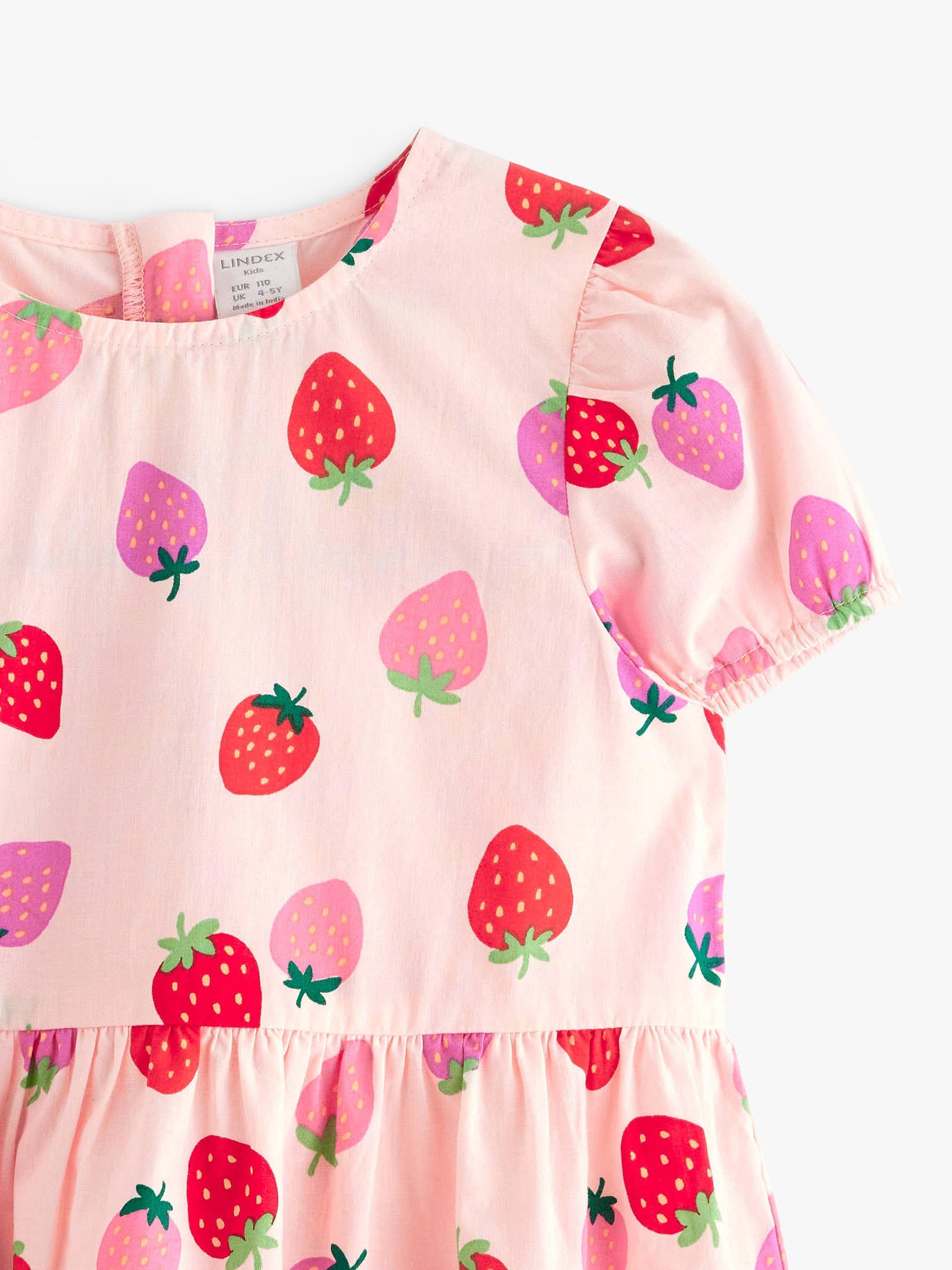 Product image 6 of 6, which shows Lindex Kids' Organic Cotton Strawberry Print Poplin Tiered Dress, Light Pink, 18-24 months