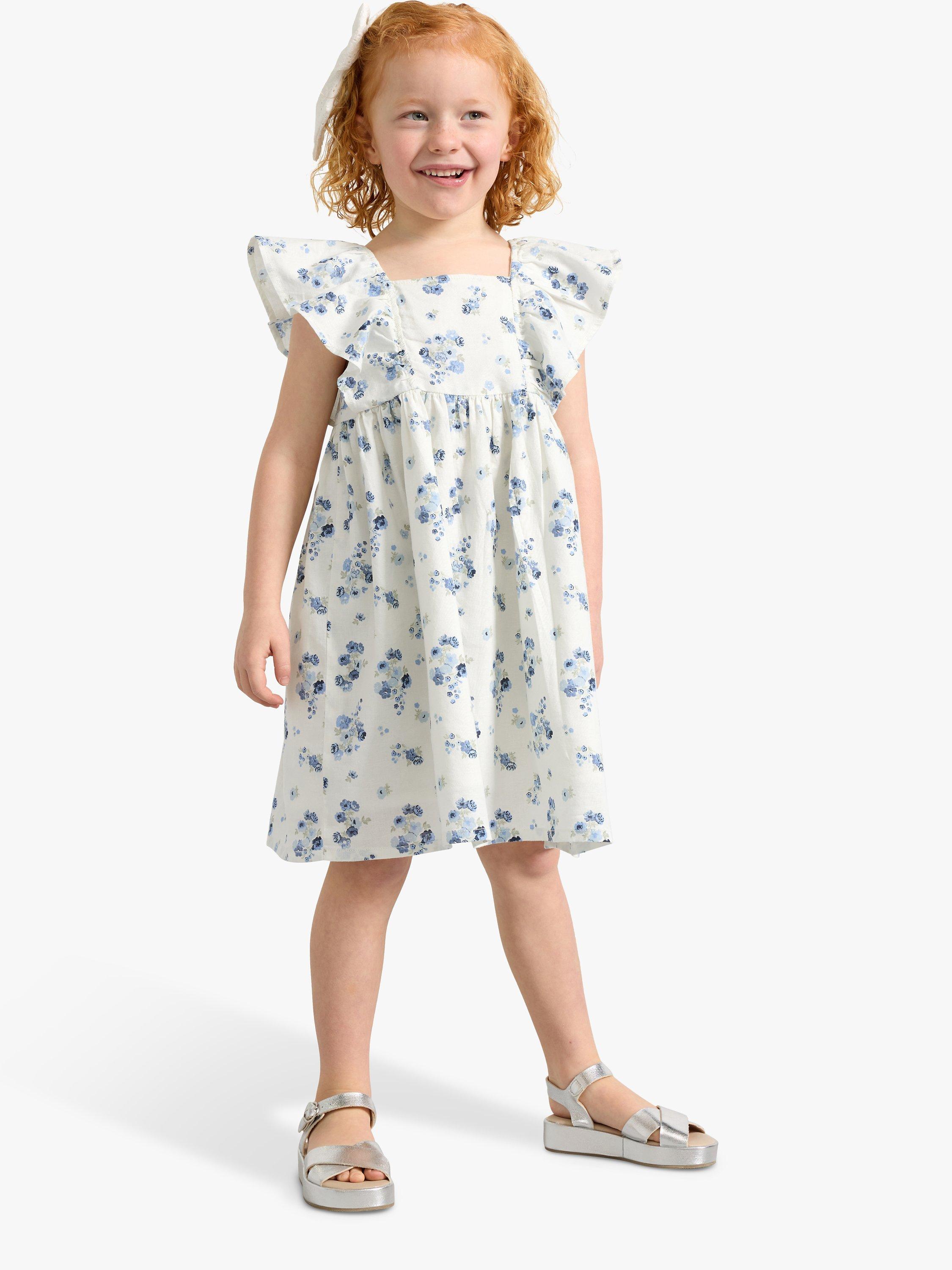 Lindex Kids' Organic Cotton Floral Print Ruffle Sleeve Dress, Light Dusty White