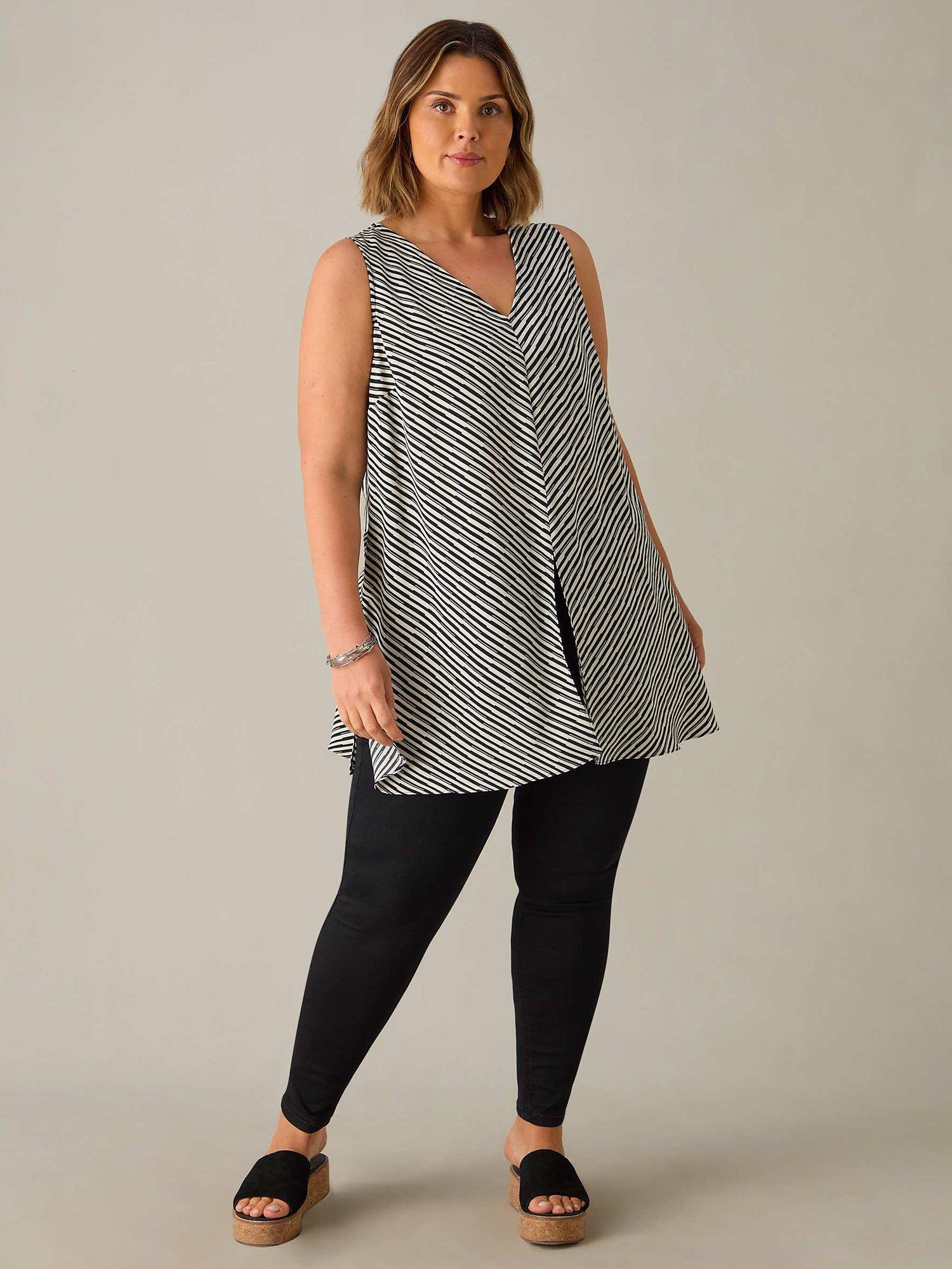 Product image 1 of 4, which shows Live Unlimited Curve Monochrome Chevron Stripe Top, Black/White, 16