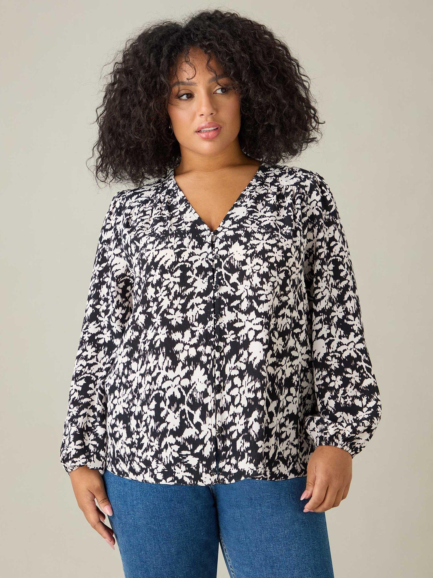 Product image 1 of 3, which shows Live Unlimited Curve Monochrome Floral V-Neck Top, Black/White, 12