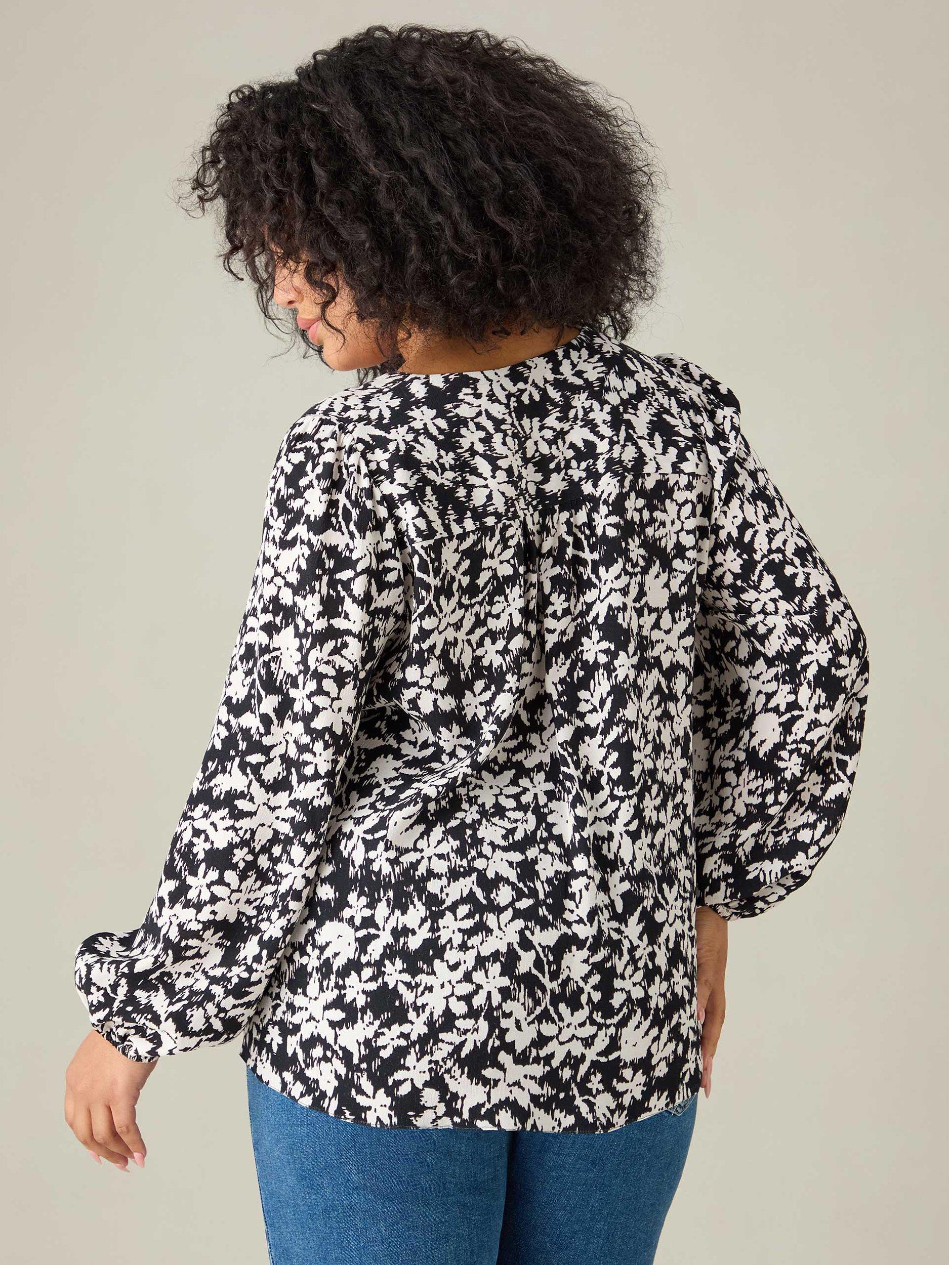 Product image 3 of 3, which shows Live Unlimited Curve Monochrome Floral V-Neck Top, Black/White, 12