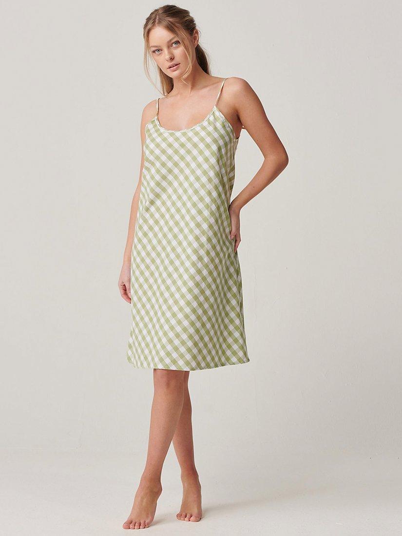 Product image 1 of 2, which shows British Boxers Crisp Cotton Schoolhouse Gingham Strappy Nightdress, Field Green, XS
