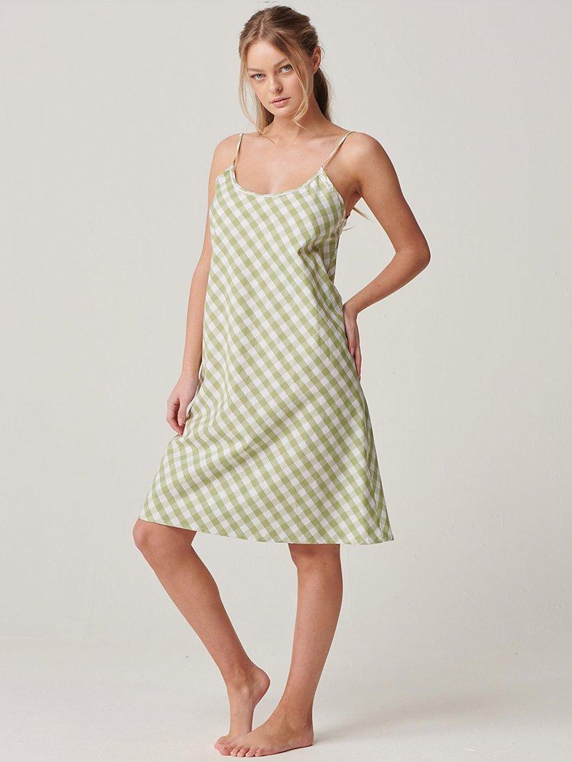 Product image 2 of 2, which shows British Boxers Crisp Cotton Schoolhouse Gingham Strappy Nightdress, Field Green, XS