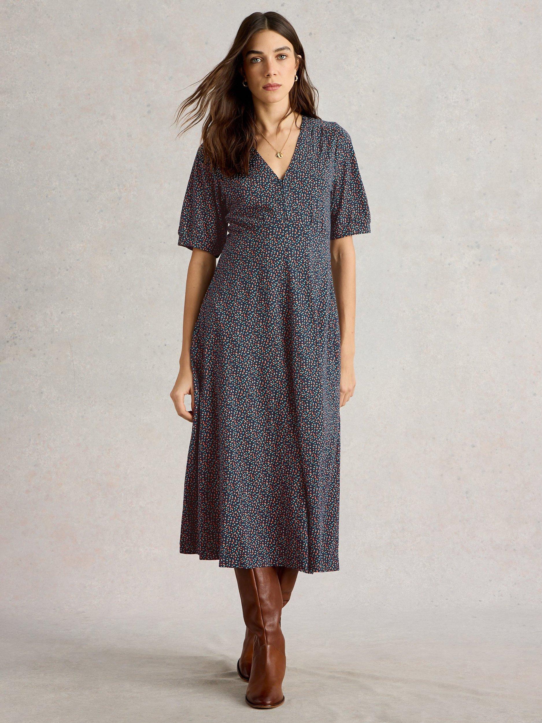 White Stuff Megan Print Organic Cotton Blend Dress Navy Multi