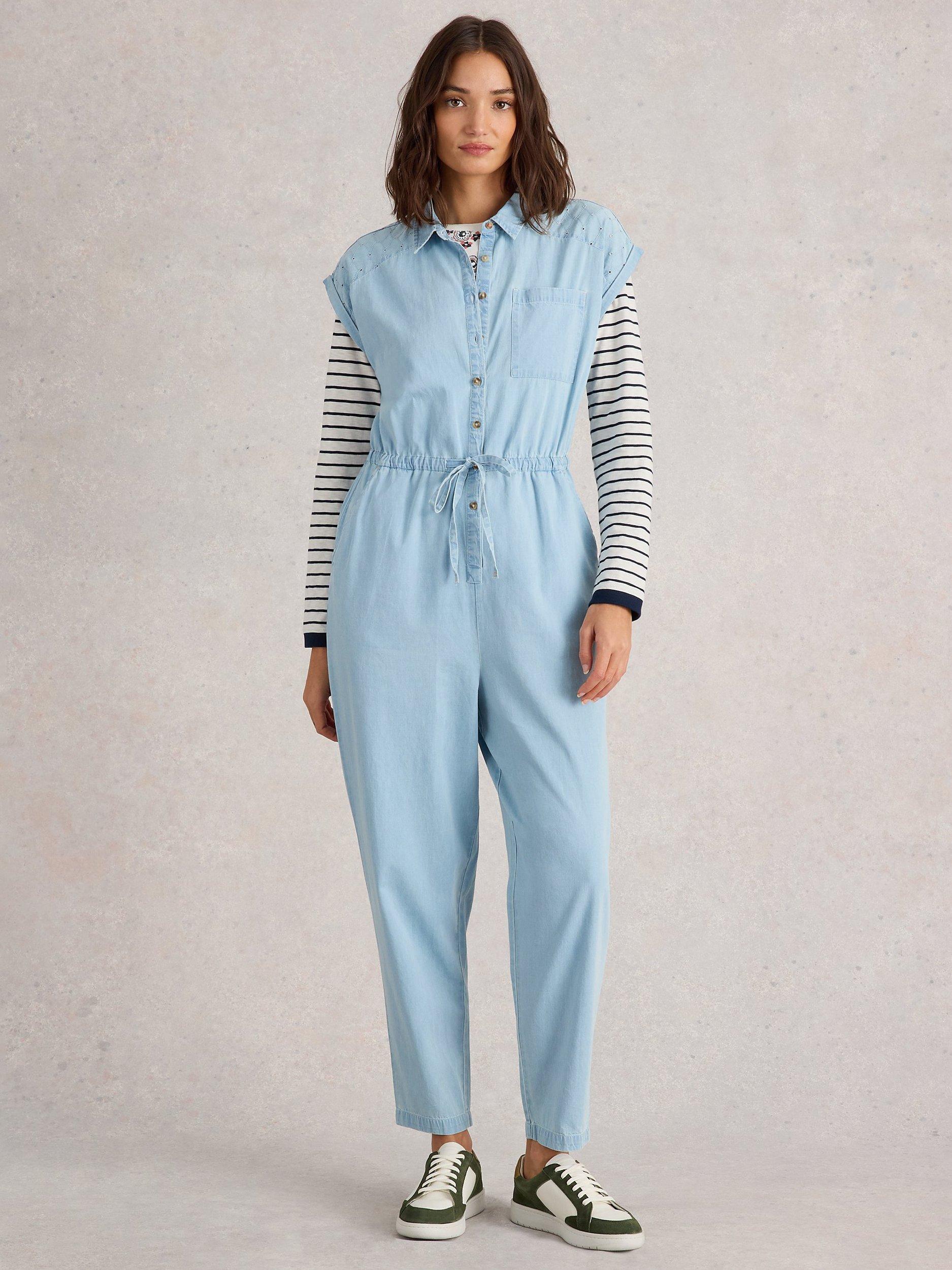 Product image 1 of 6, which shows White Stuff Piper Organic Cotton Jumpsuit, Blue, 10