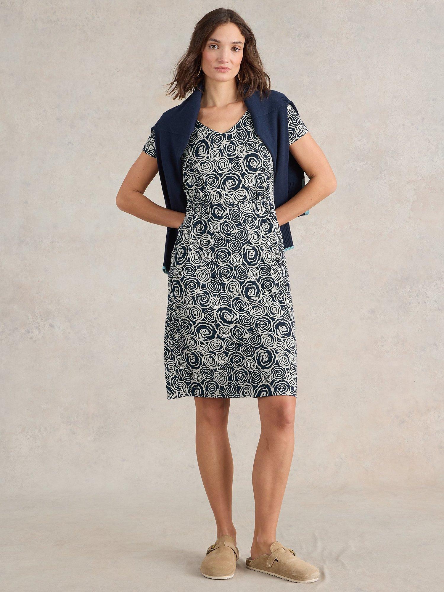 Product image 1 of 6, which shows White Stuff Tallie Abstract Rose Dress, Navy/White, 22