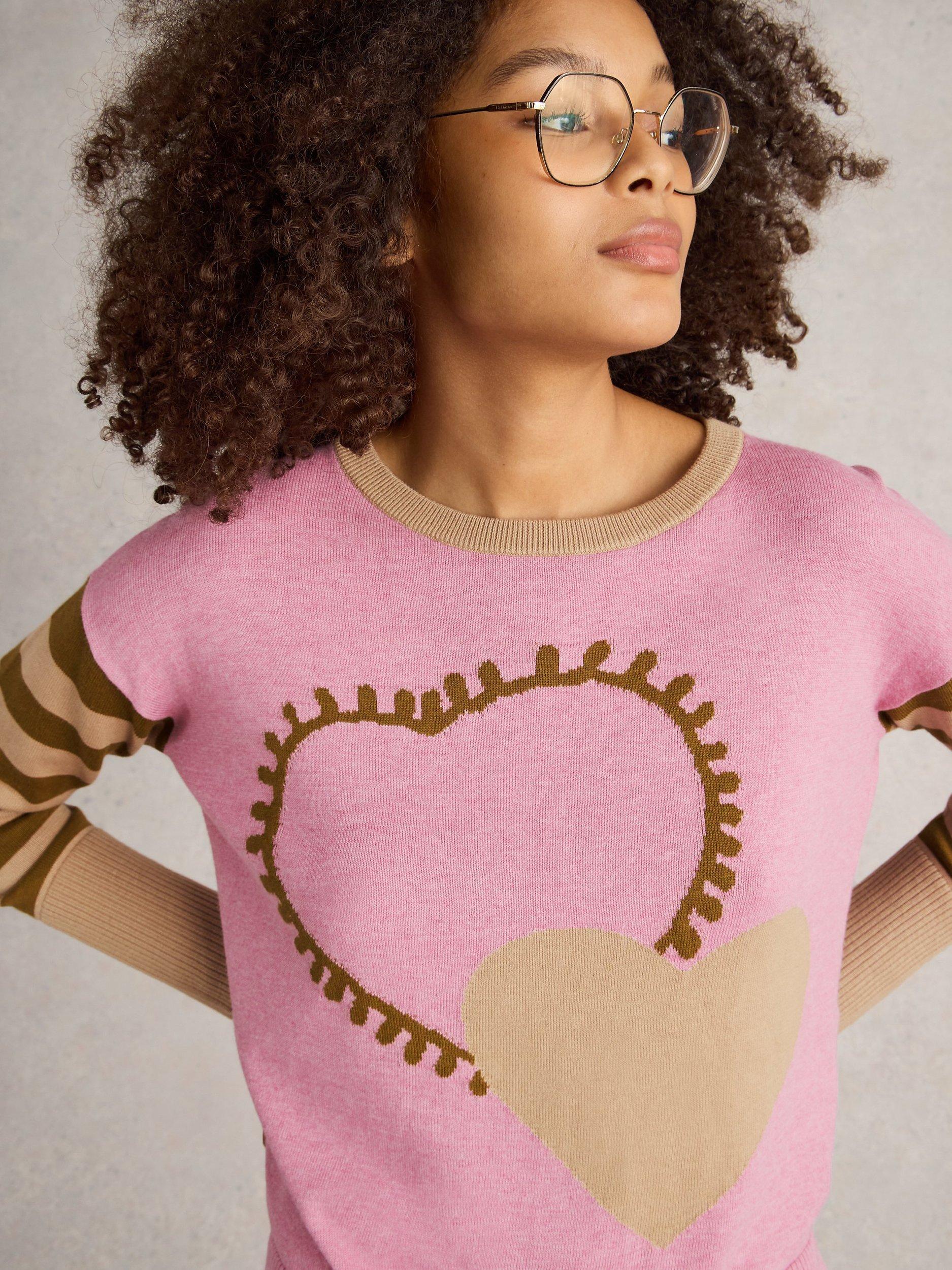 White Stuff Olive Organic Cotton Blend Heart Stripe Jumper Pink Multi