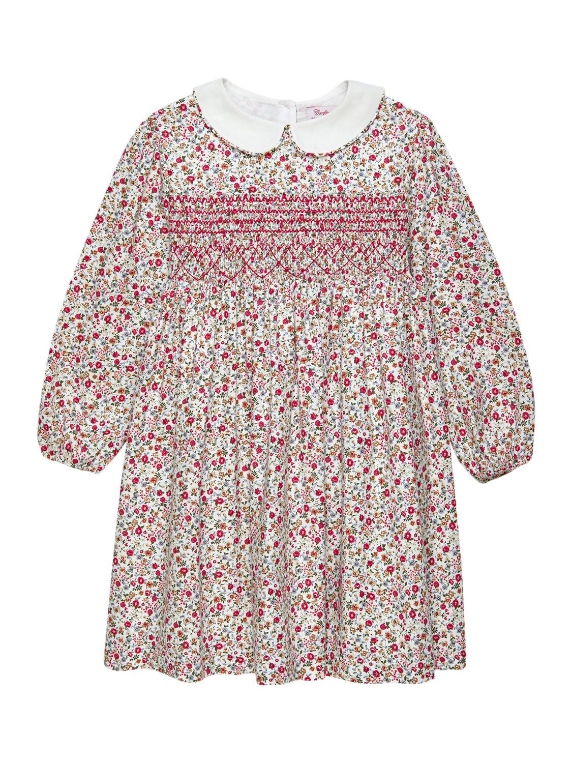 Product image 1 of 3, which shows Trotters Kids' Arabella Cotton Floral Smock Dress, Red/Multi, 2 years