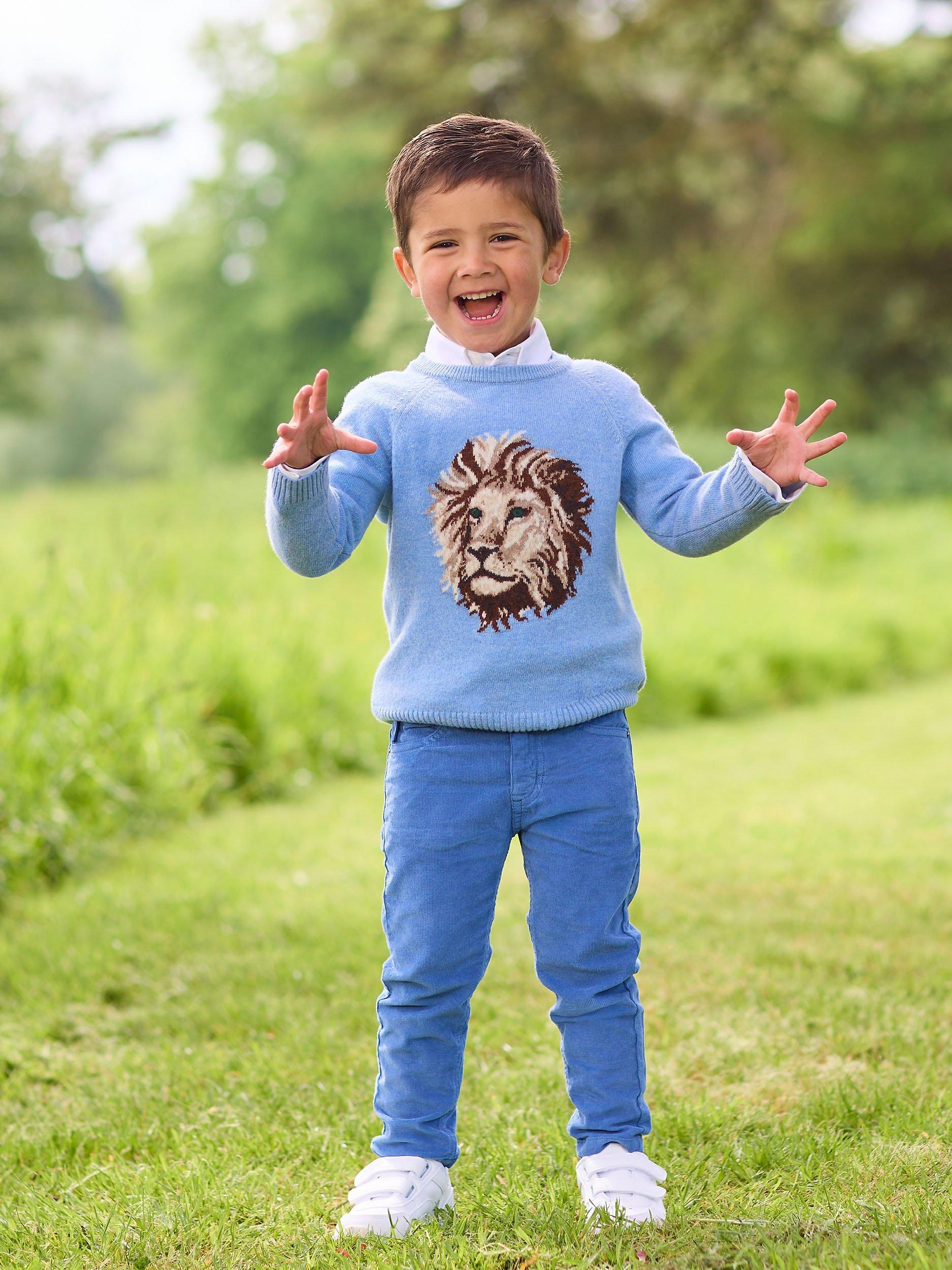 Trotters Kids' Augustus Lion Wool Blend Jumper, Blue Marl, 2-3 years
