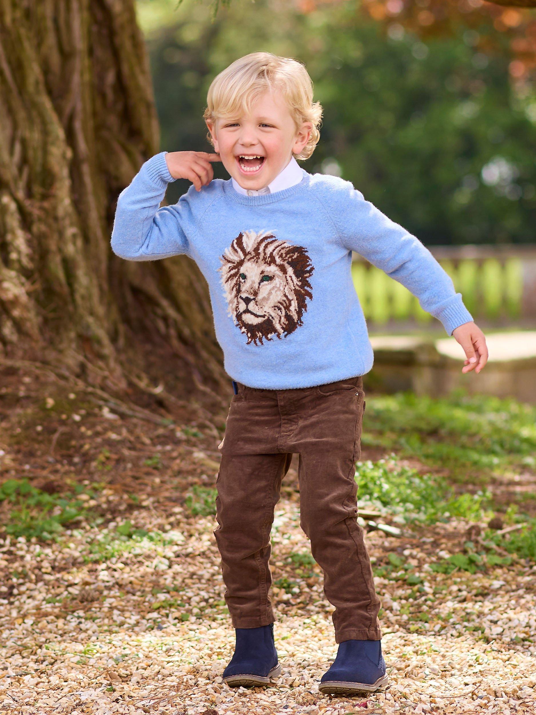 Trotters Kids' Augustus Lion Wool Blend Jumper, Blue Marl, 2-3 years