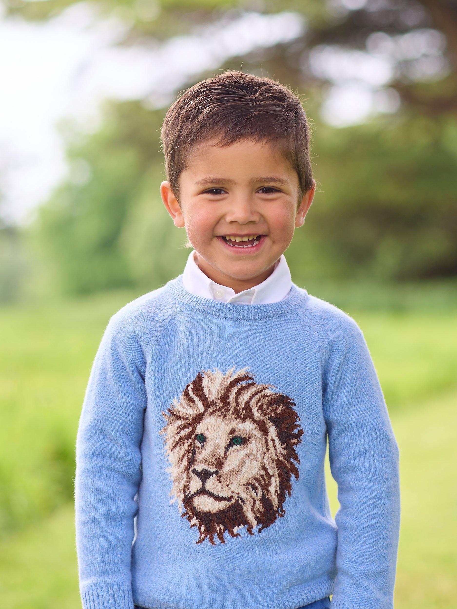 Trotters Kids' Augustus Lion Wool Blend Jumper, Blue Marl, 2-3 years