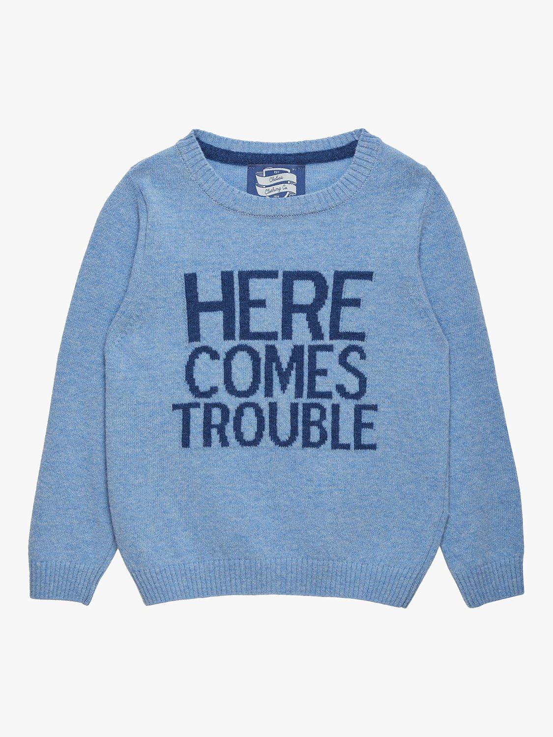 Product image 1 of 7, which shows Trotters Kids' Here Comes Trouble Wool Blend Jumper, Blue Marl, 2-3 years