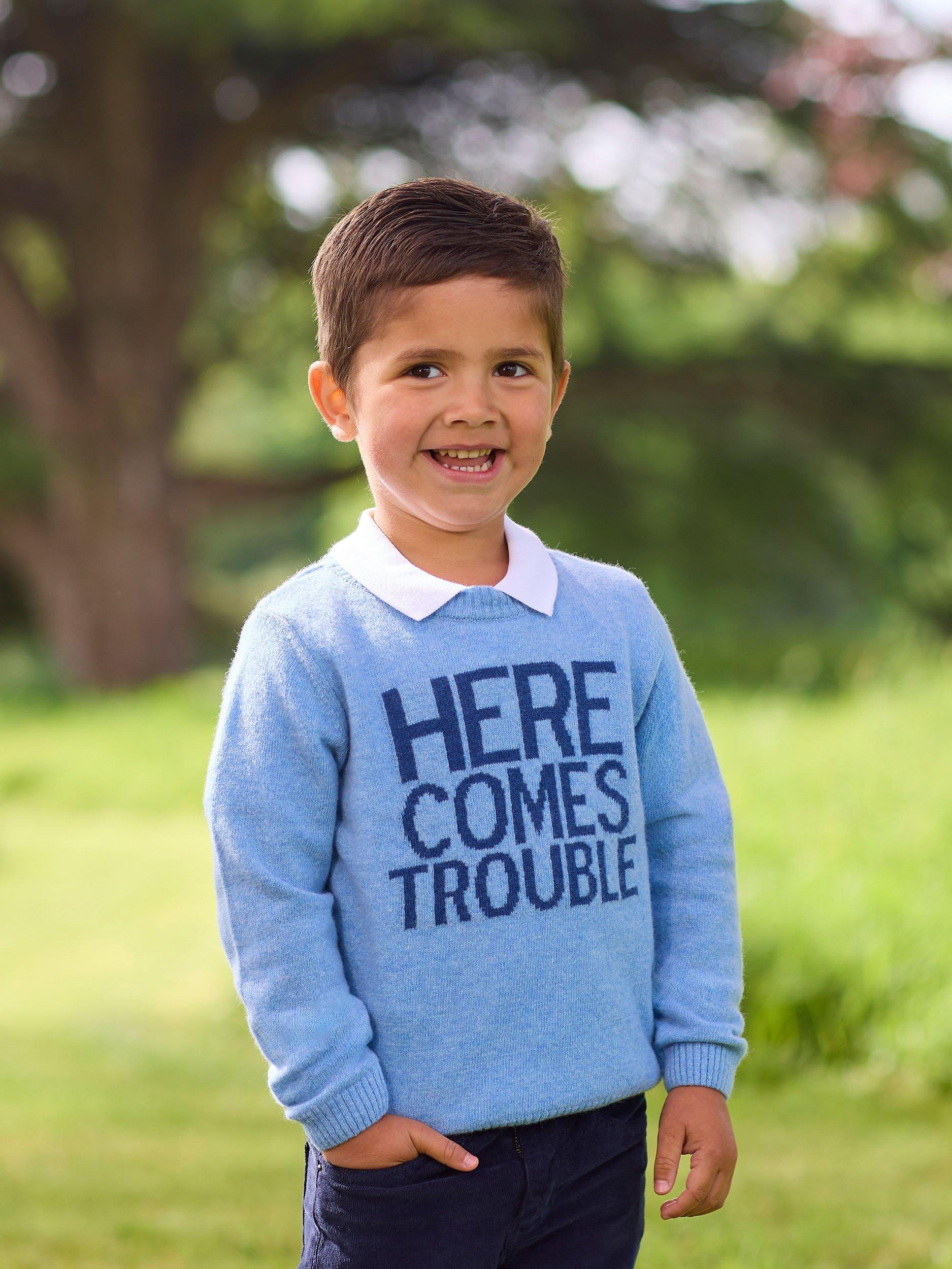 Product image 7 of 7, which shows Trotters Kids' Here Comes Trouble Wool Blend Jumper, Blue Marl, 2-3 years