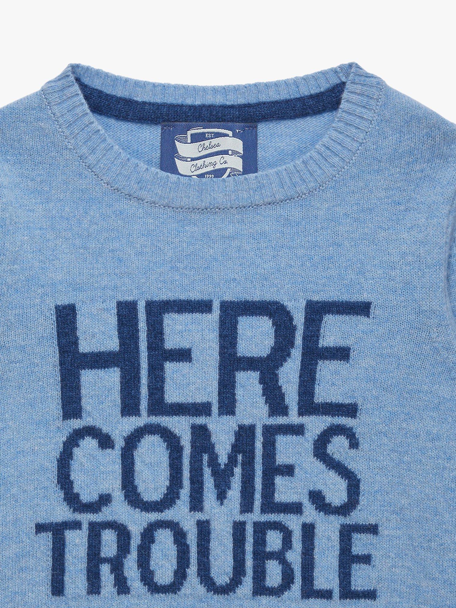 Product image 3 of 7, which shows Trotters Kids' Here Comes Trouble Wool Blend Jumper, Blue Marl, 2-3 years