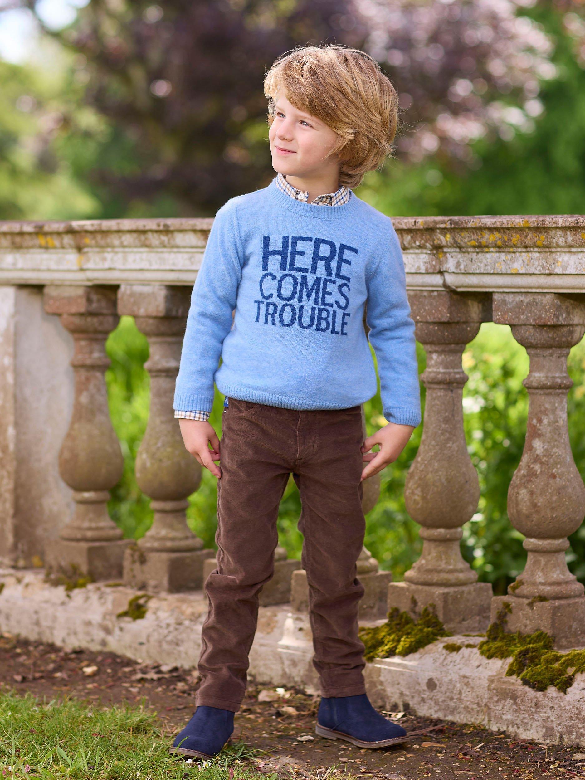 Product image 5 of 7, which shows Trotters Kids' Here Comes Trouble Wool Blend Jumper, Blue Marl, 2-3 years