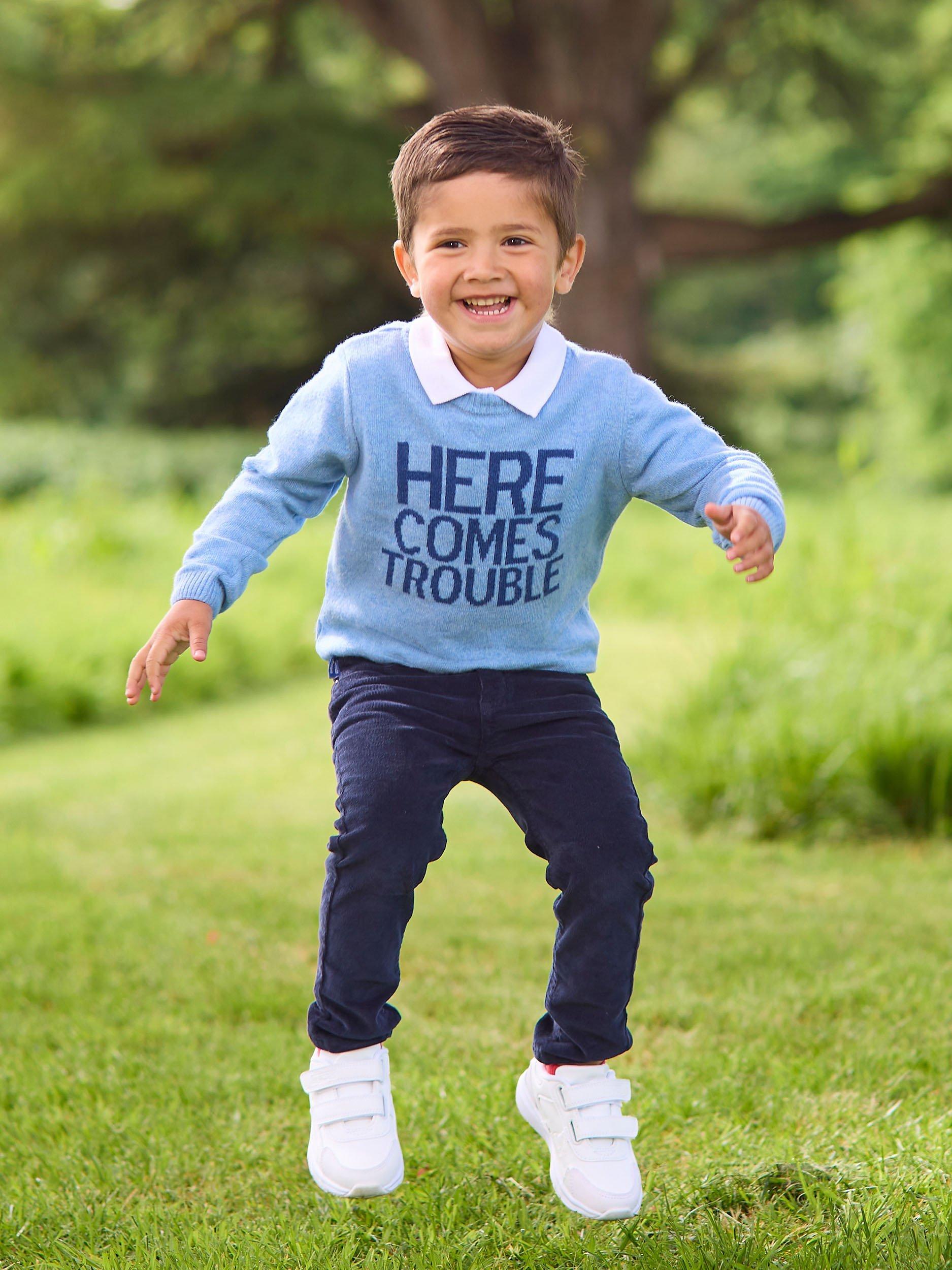 Product image 6 of 7, which shows Trotters Kids' Here Comes Trouble Wool Blend Jumper, Blue Marl, 2-3 years