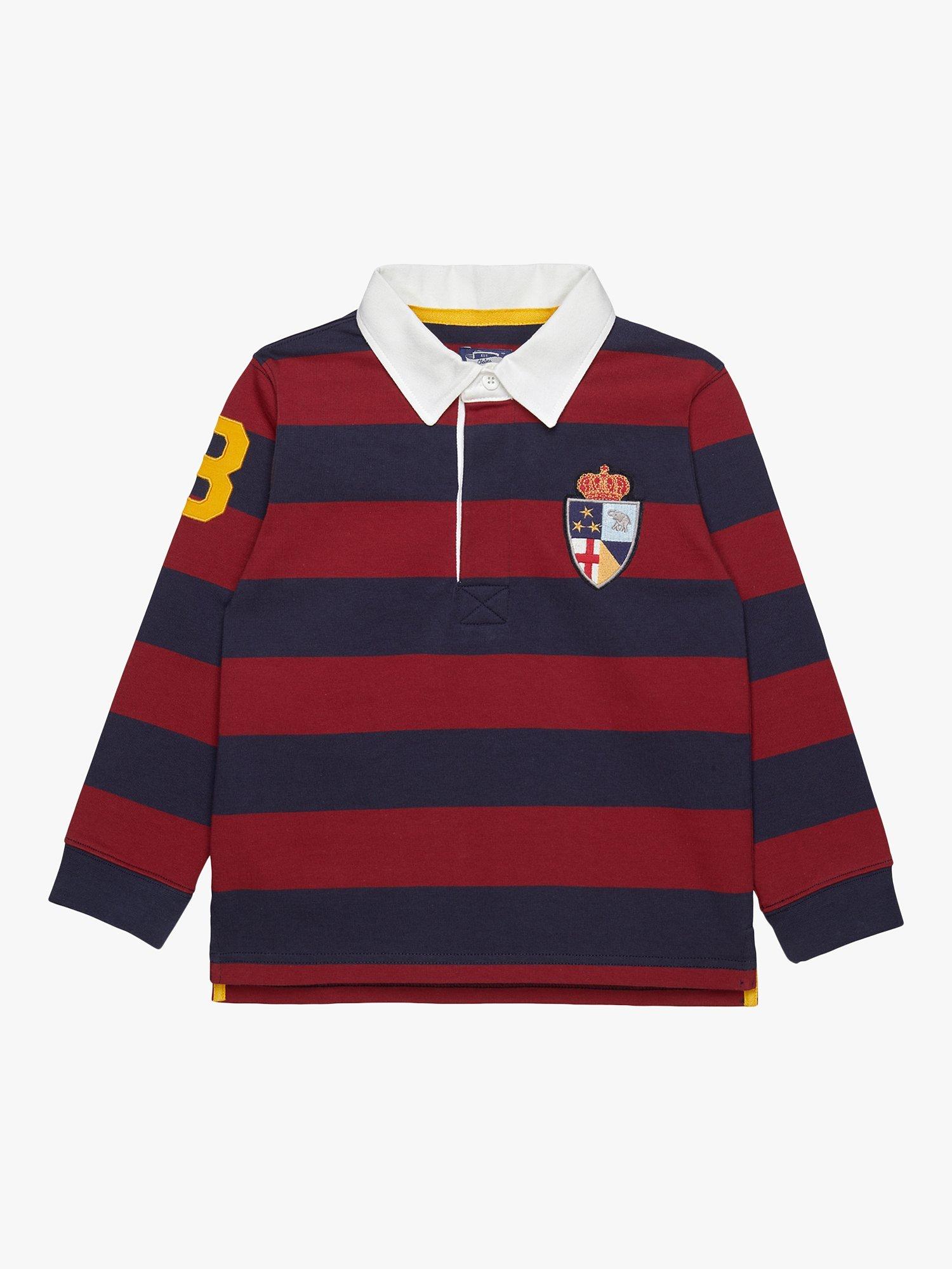 Product image 1 of 4, which shows Trotters Kids' Cotton Stripe Rugby Shirt, Navy/Red, 2-3 years